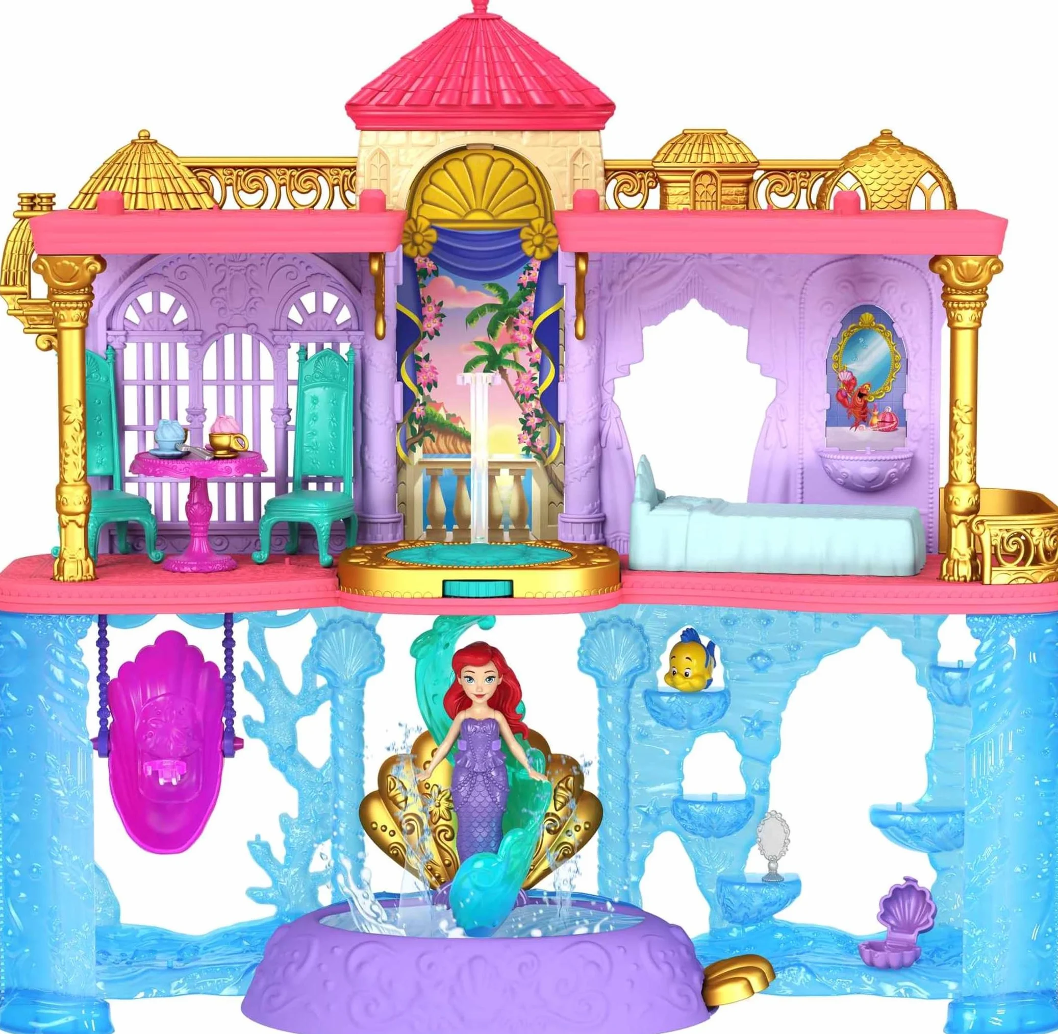 Mattel Księżniczka Disneya Pałac Arielki Domek dla lalek, mała lalka, 1 figurka przyjaciela, 12 elementów, 6 obszarów zabawy i basen, inspirowany filmem Disneya HLW95