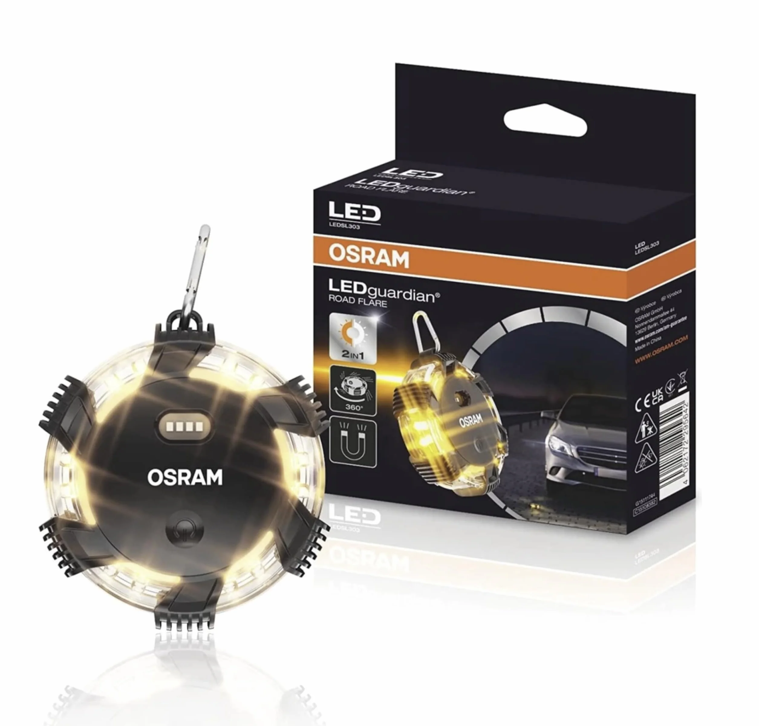 OSRAM LEDguardian ROAD FLARE, LEDSL303, kompaktowa magnetyczna lampka ostrzegawcza LED, 16 trwałych diod LED,stosowana w sytuacjach awaryjnych na drodze i przy drobnych pracach kontrolnych w pojeździe