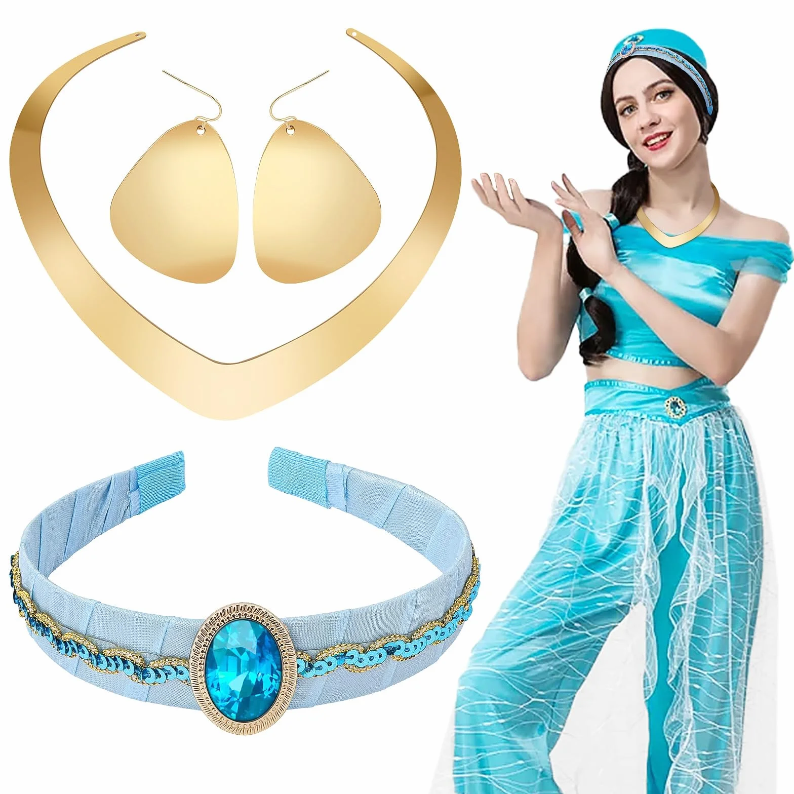Aomig Księżniczka Aladdin zestaw opasek na czoło i akcesoria, 3 sztuki, arabska kostium i naszyjnik, kolczyki, jaśmin, na karnawał