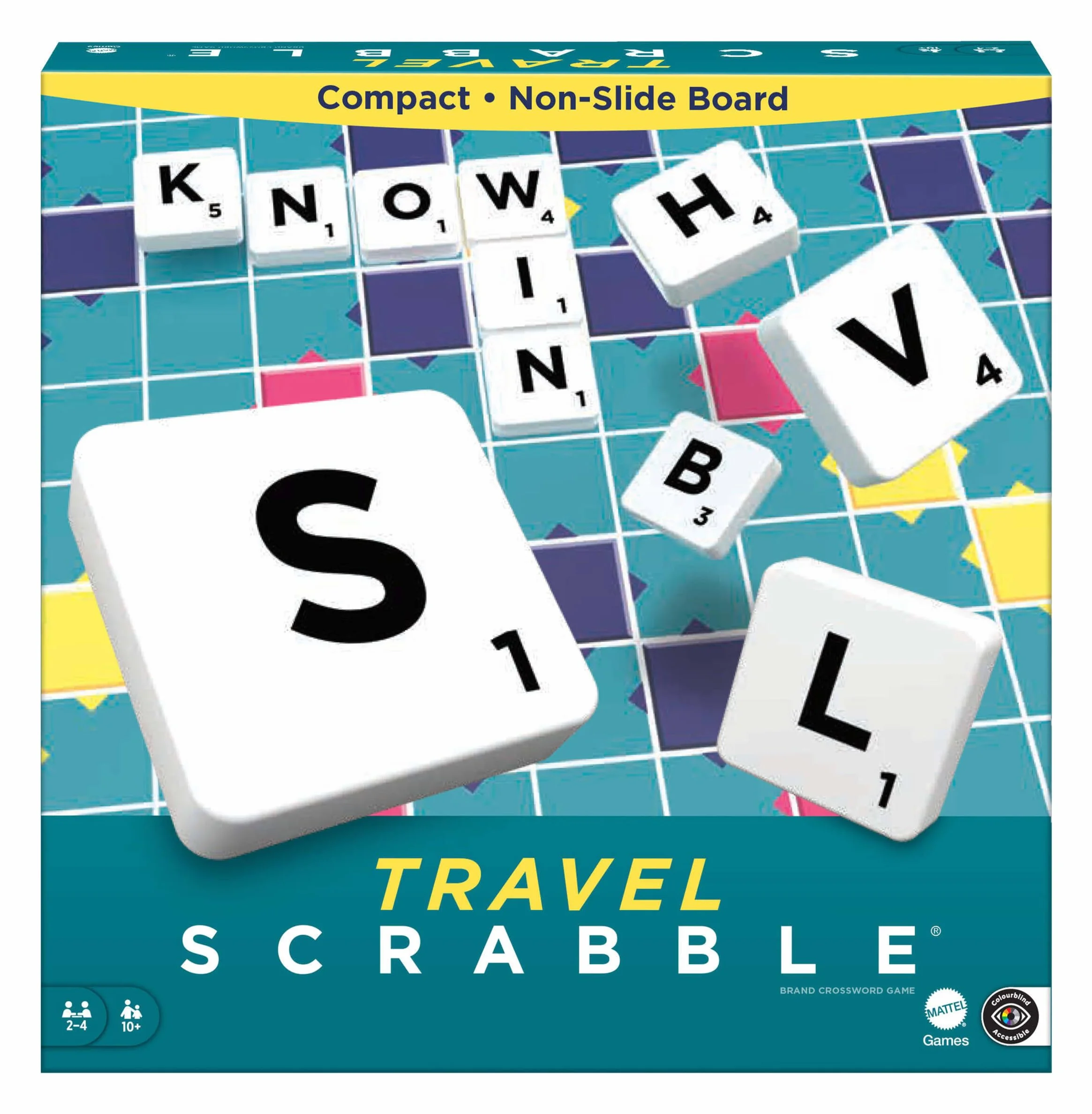 Scrabble Travel Game, Portable and Compact, 2-4 Players, Includes Playing Board, 4 Racks, 100 Letter Tiles, a Tile Bag, and Rules, 10Y+, CJT11(Packaging May Vary)