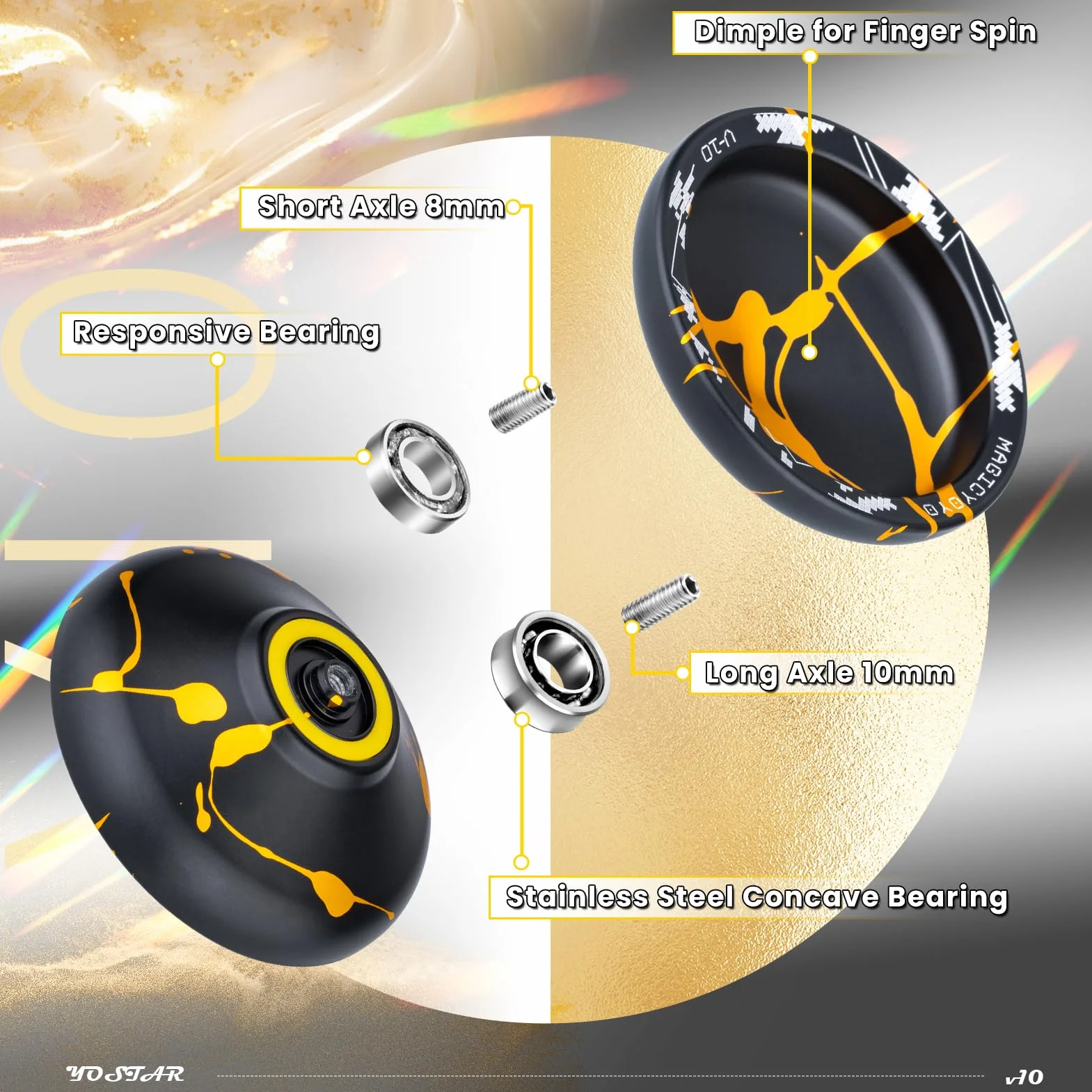 YOSTAR Profesjonalny JoJo z Bezczynnością - Metalowy Yoyo do Trików dla Dorosłych, V10 Sport, z 12 Sznurkami i Rękawicą