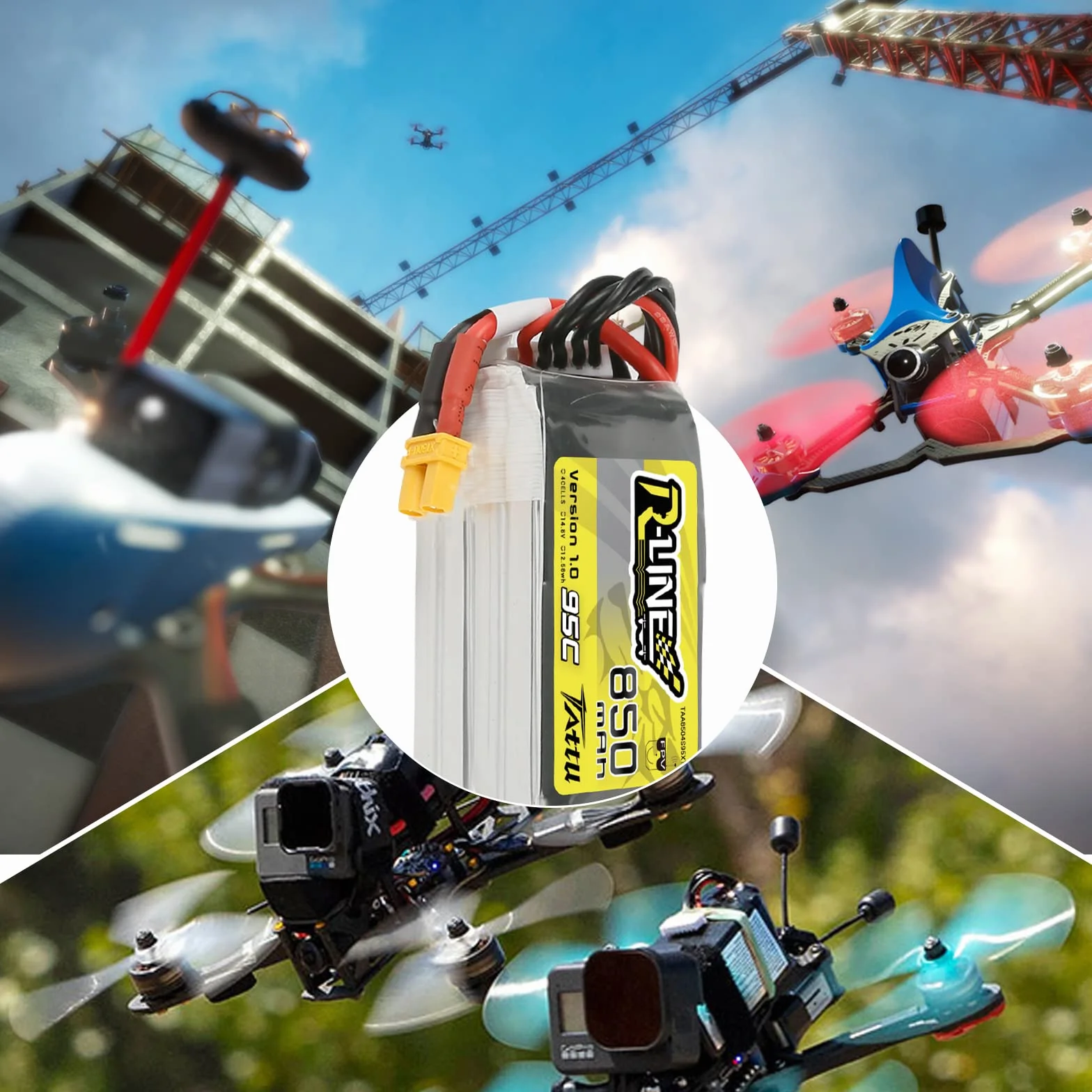 Tattu 4S Lipo akumulator 850 mAh 14,8 V 95C Lipo akumulator Lipo seria R-Line Pack z wtyczką XT30 nadaje się do Multirotor FPV w rozmiarze od 100 do 180