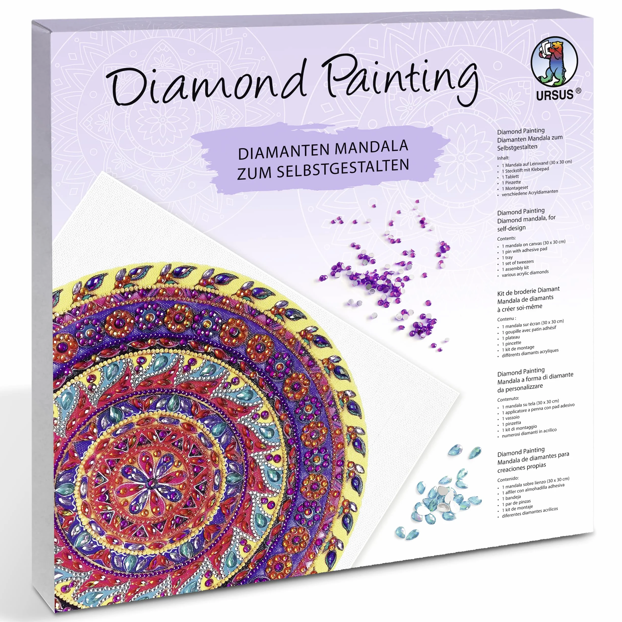 Ursus 43520004F Zestaw 4 do malowania diamentami, mandala, zestaw do majsterkowania z kamyczkami w kolorze żółtym, fioletowym i różowym, 1 płótno 30 x 30 x 1,5 cm