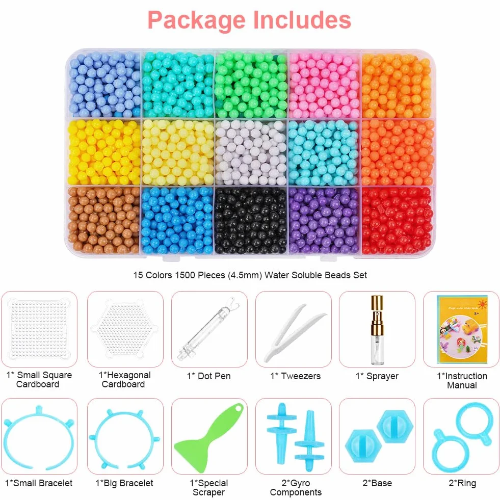 AUAUY Zestaw koralików z bezpiecznikiem wodnym, 1500 szt., 15 kolorów, nietoksyczne magiczne koraliki dla dzieci, do samodzielnego napełniania, puzzle do samodzielnego wykonania, zabawki edukacyjne