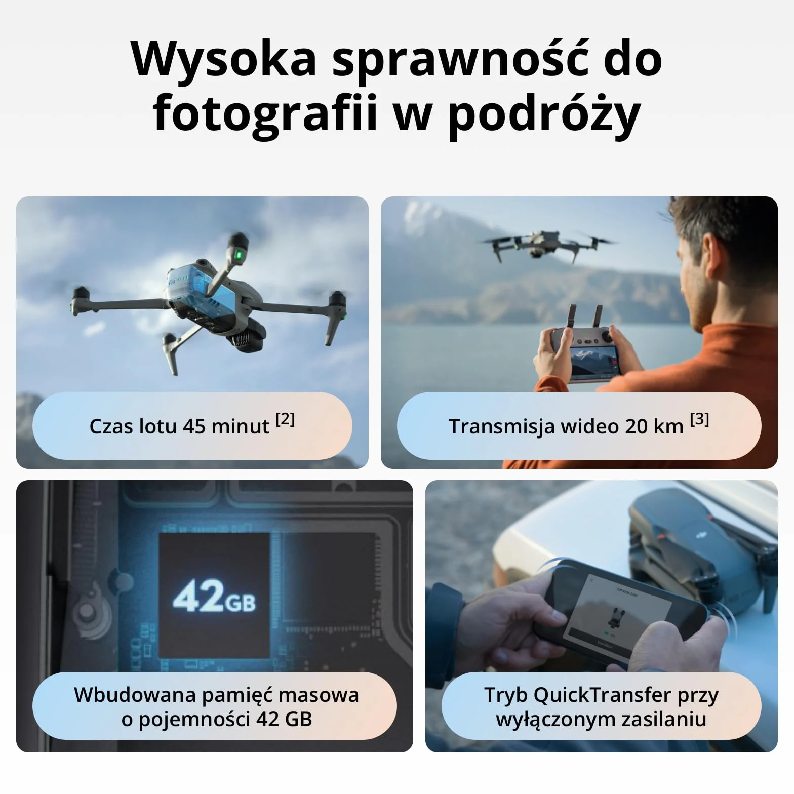 DJI Air 3S (RC-N3), dron z kamerą 4K, dron z dwoma kamerami, z szerokokątna 1-calową CMOS, wideo 4K/60 kl./s HDR z 14 st. rozpiętości tonalnej, 45 min maksymalnego czasu lotu, zasięg transmisji 20 km