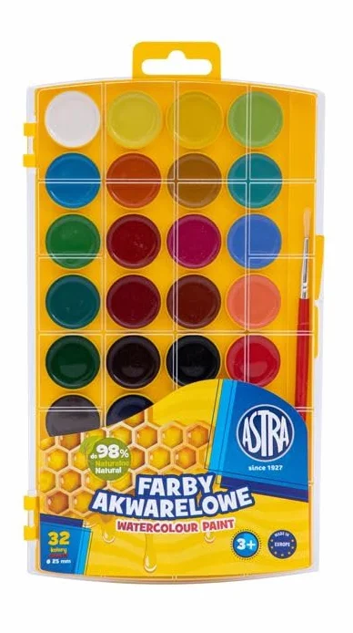 ASTRA Farby Akwarelowe Miodowe, 32 Kolory, fi 25mm, Klasyczna Paleta, Wielokolorowe, Konsystencja Miodowa, 10ml, Europejska Produkcja, Do Malowania na Papierze, Szkolne