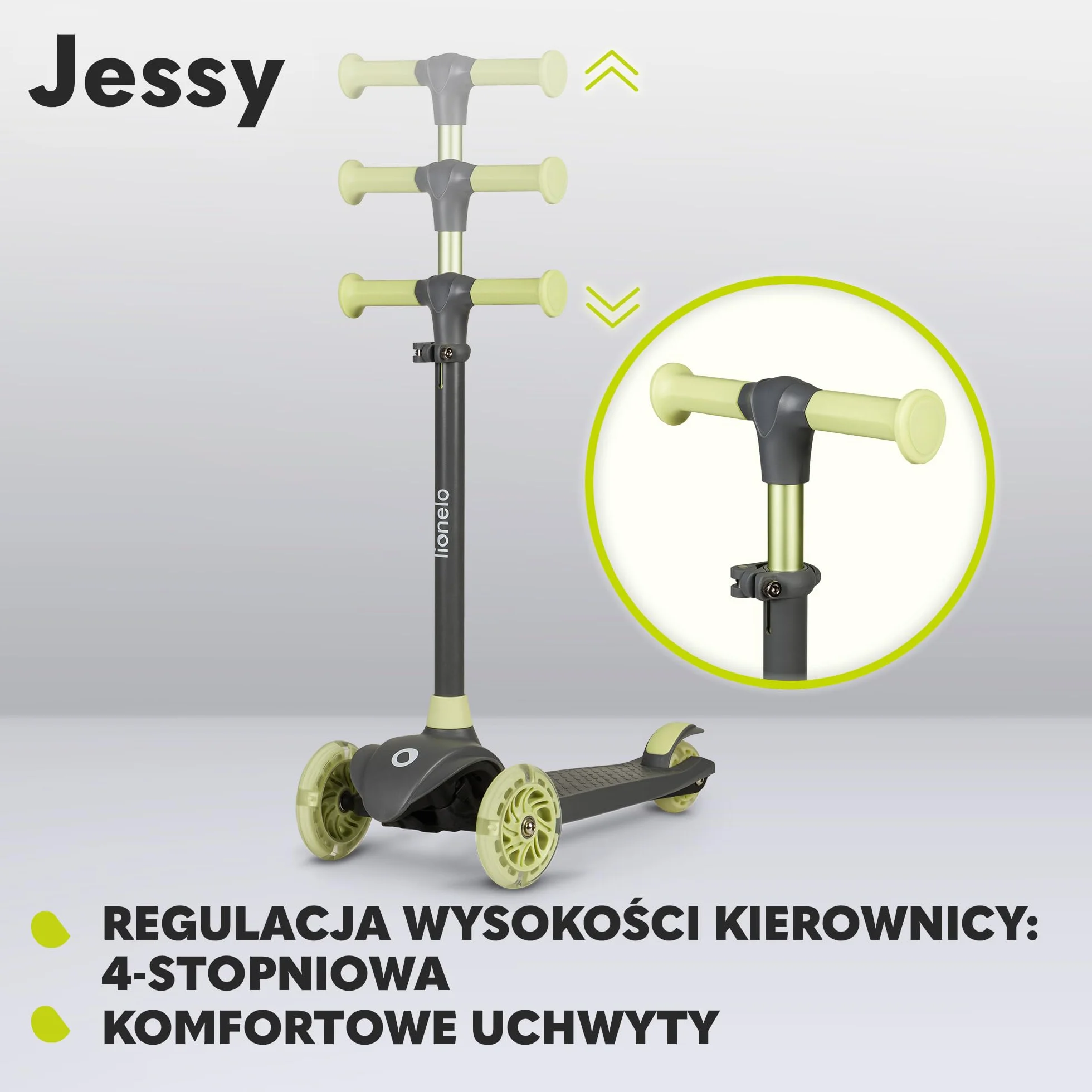 LIONELO JESSY Hulajnoga Balansowa dla Dzieci od 3 roku życia do 50 kg, Lekka Trójkołowa Hulajnoga Dziecięca z Regulacją Wysokości, Koła LED, Antypoślizgowy Podest