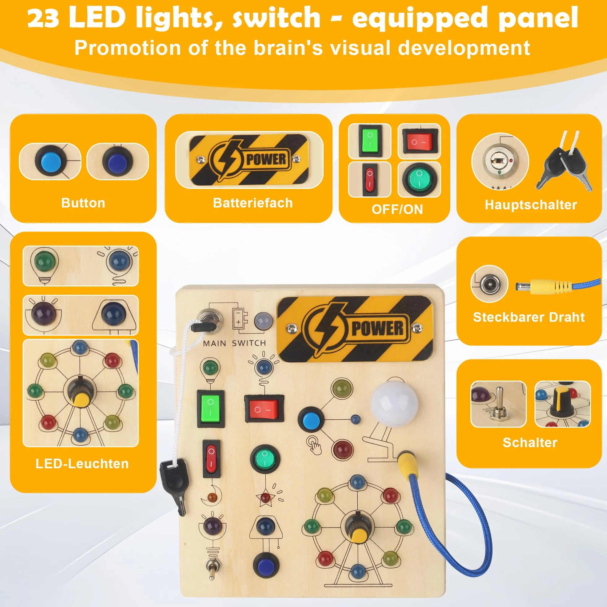 Placa Aktywności Montessori od 1 Roku, Deska Aktywności z Lusterkami LED i Przełącznikami, Zabawka Montessori do Motoryki i Sensoriki, Prezent dla Chłopców i Dziewcząt 1-4 Lat