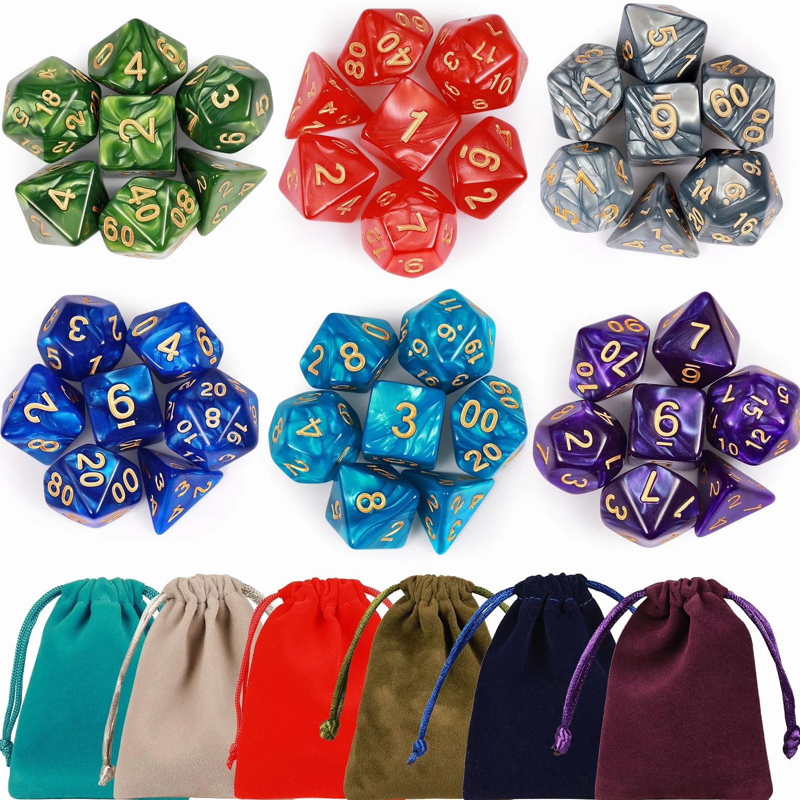 Zestaw kości wielościennych, 6 x 7 (42 sztuki) Kości DND z 6 woreczkami na rzep, do Dungeons and Dragons Pathfinder DND RPG MTG, 6 zestaw kości DND od D4 D6 D8 D10x2 D12 D20