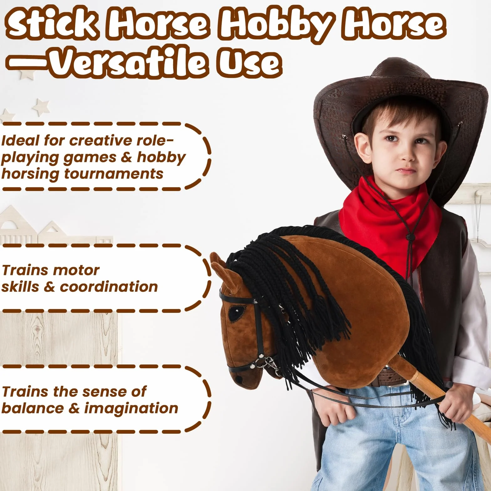 Hobby koń dla dzieci, koń na kiju, zabawka, koń z kaburą i wodami, drewniany koń, pluszowy koń, konik na kiju, do hobby horingu
