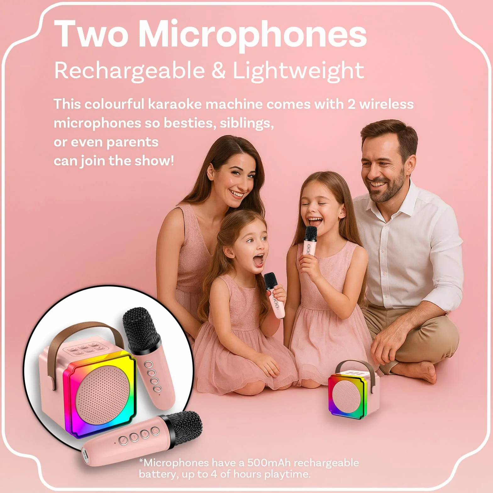 Maszyna do Karaoke dla Dzieci firmy MMOBIEL - Przenośna Maszyna do Karaoke - Głośnik Bluetooth, 2 Mikrofony, Światła LED, 5 Efektów Dźwiękowych - Prezenty dla Dziewcząt, Chłopców, 3+ Lata - Różowy