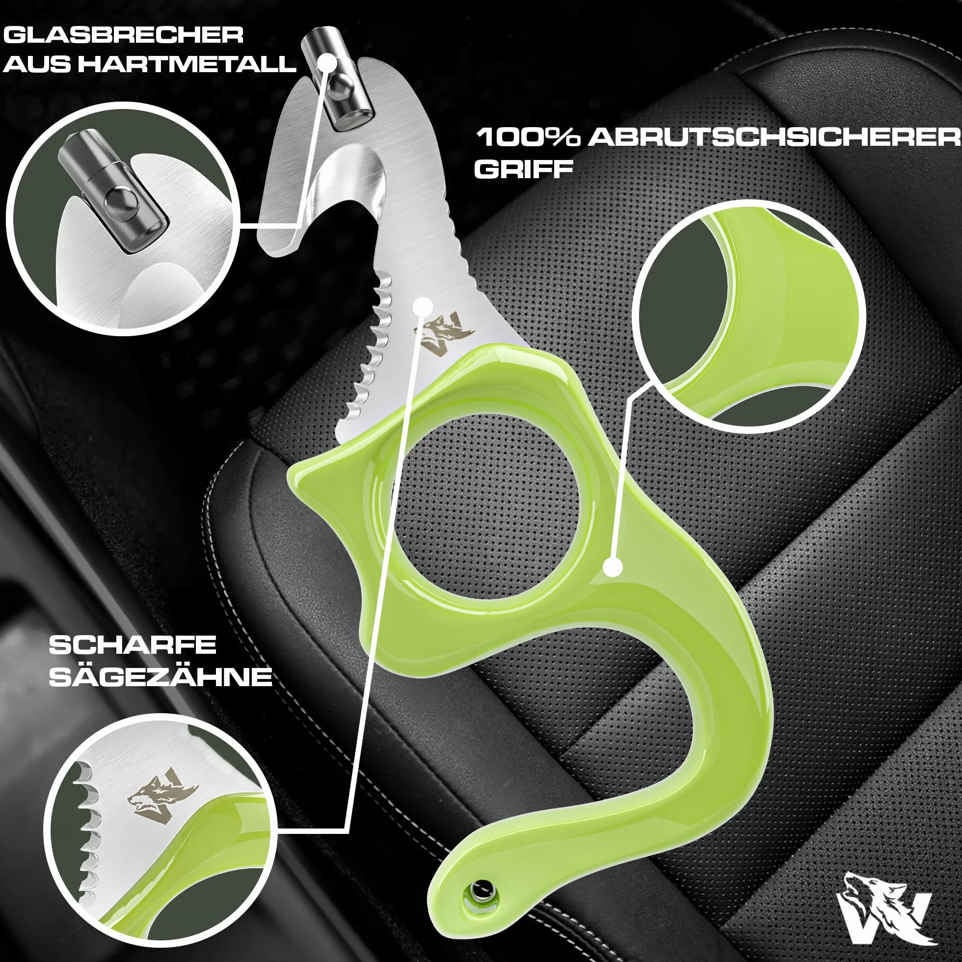 Wolfgangs Rescue Tool aus feinstem 440C Stahl - Handlicher Gurtschneider Notfallhammer Auto mit Leuchtfunktion - Nothammer Auto Sicherheitsset mit extra Aufbewahrungstasche für die Sonnenblende