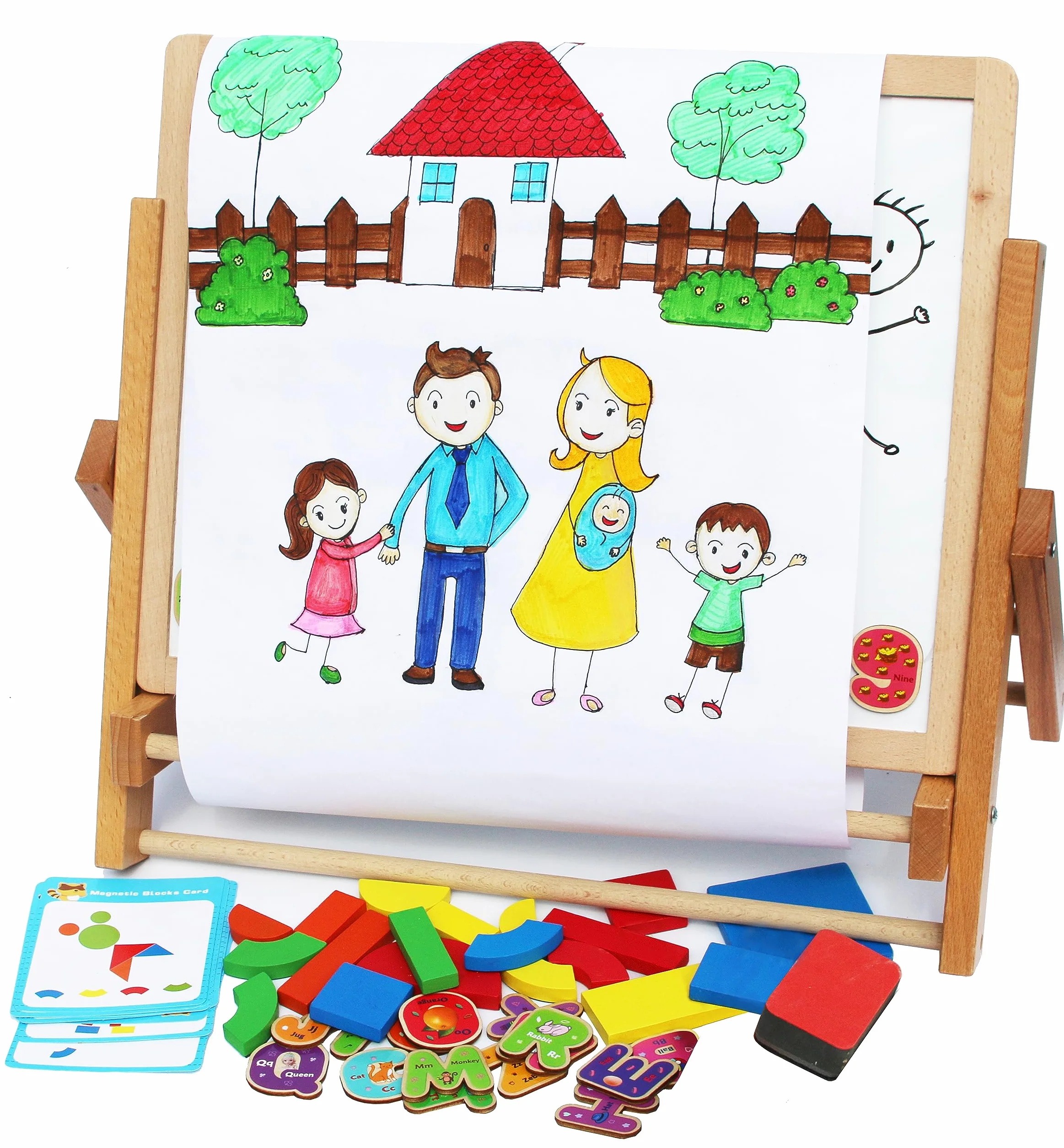 Drewniane sztalugi dla dzieci Składany-Podwójne magnetyczne Tablice Kształty Letters Numbers Roll Paper Kids Art-Blat Magnetic Board pokładzie czarny biały rysunek dla dzieci