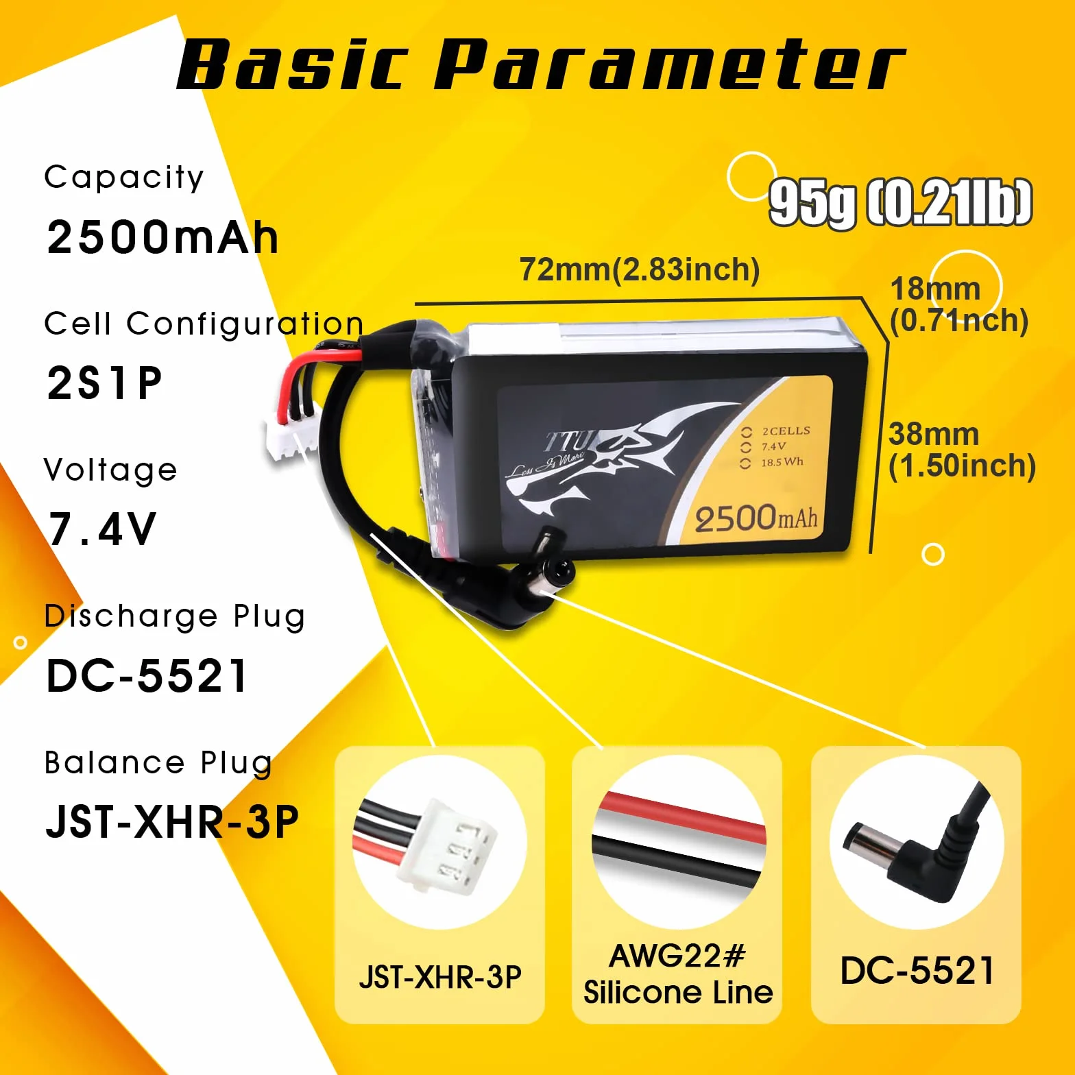 TATTU 2500 mAh 2S 7.4V Lipo akumulator z wtyczką DC5,5 mm do gogli Fatshark