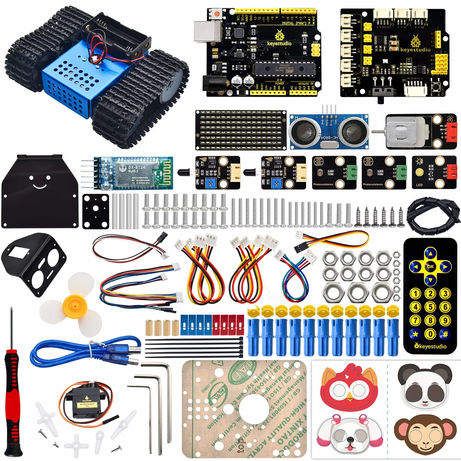 Zestaw KEYESTUDIO Smart Robot Tank Kompatybilny z Arduino IDE Elektronika Zestaw konstrukcyjny z UNO R3, czujnikiem ultradźwiękowym itp. Edukacyjny robot STEM 2 w 1 DIY do programowania i nauki