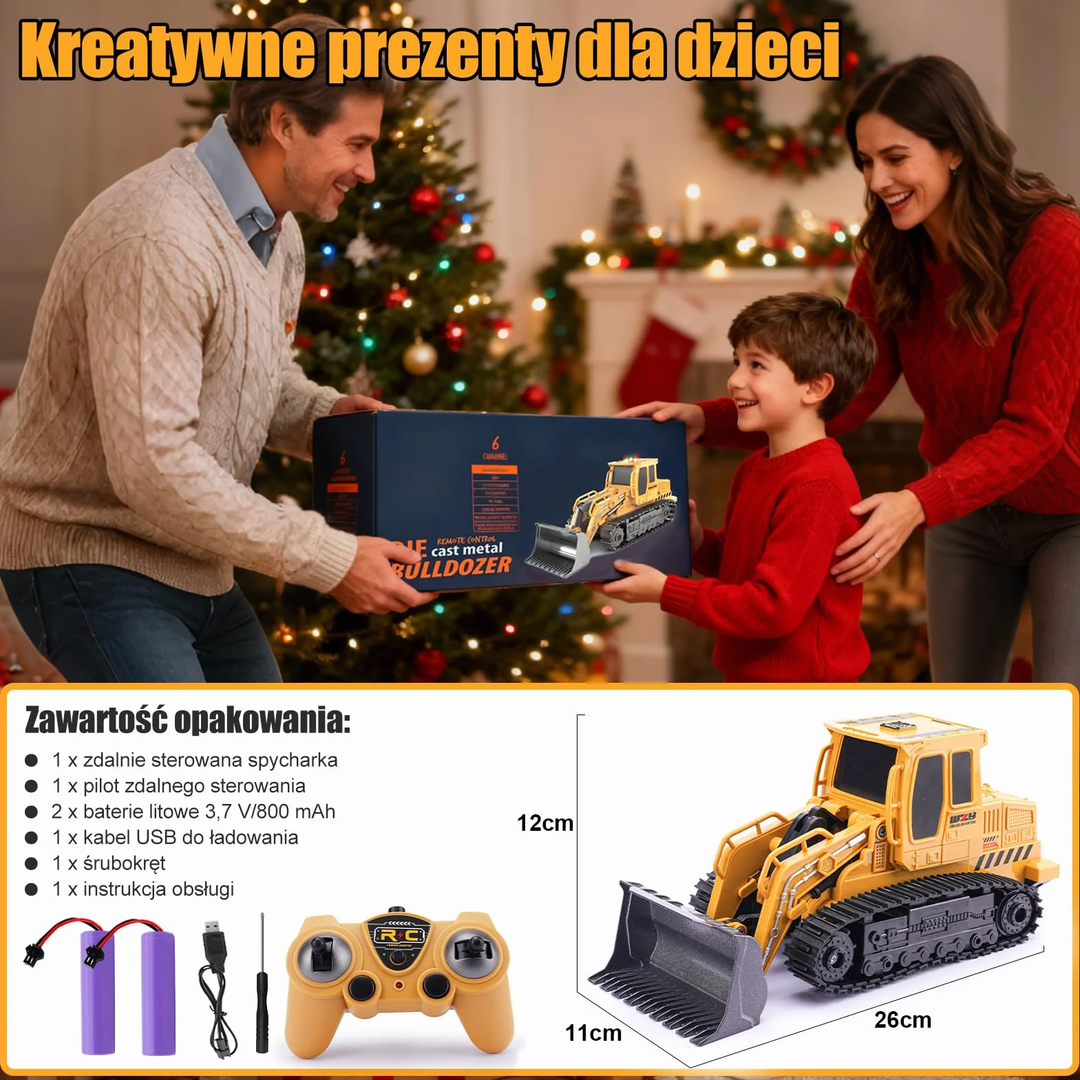 Jiakora Zdalnie sterowany buldożer, 2,4 GHz RC samochód traktor ciężarówka, ładowarka kołowa zdalnie sterowana światłem i dźwiękiem, 2 akumulatory 60 minut, koparka, pojazdy na placu budowy, zabawka