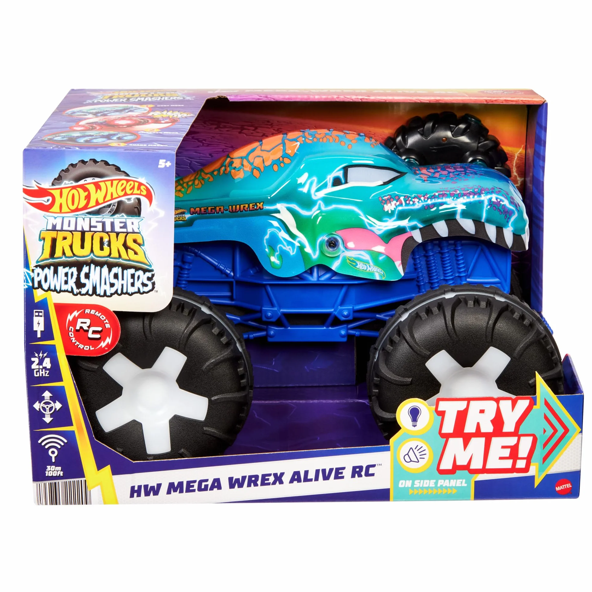 Hot Wheels RC Monster Trucks Mega-Wrex Alive Światła i dźwięki Zdalnie sterowany pojazd w skali 1:15 z 3 trybami zabawy, interaktywnymi światłami i dźwiękami, JBD90