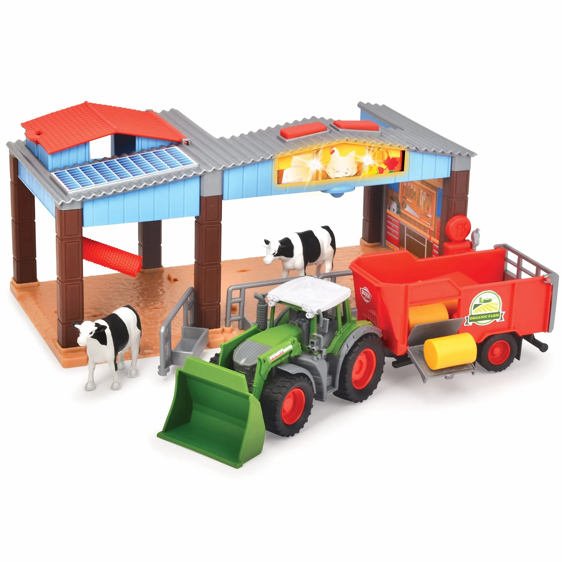 Dickie Toys 203735003 Stacja farma gospodarcza z traktorem i figurki; światło i dźwięk; ciągnik z przyczepą i krowami; zabawa w rolnika; wymiary: 17x30x15 cm; prezent dla dzieci od 3 lat