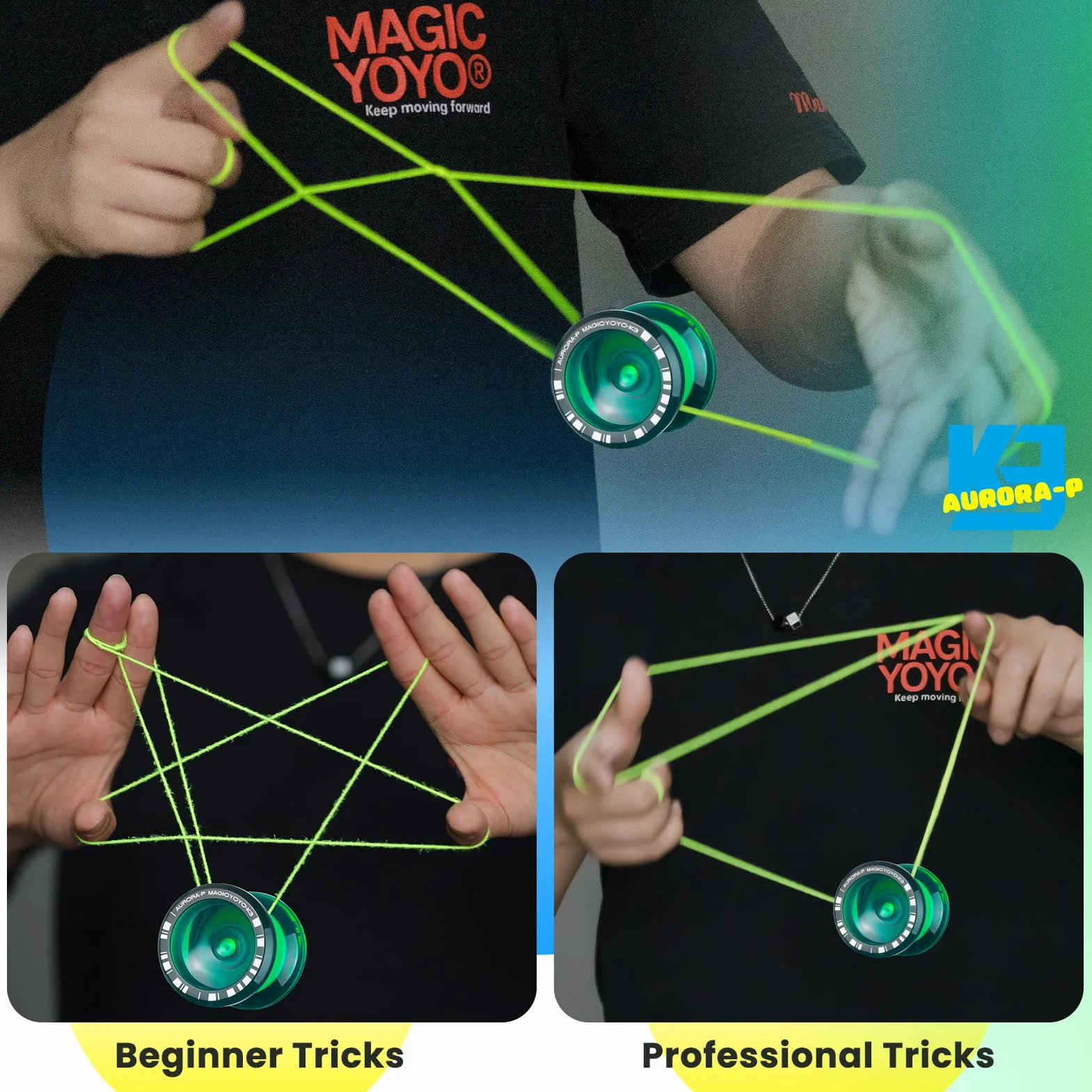 MAGICYOYO K3 Aurora-p, Professional JoJo With Finger Spin for Kids, Responsive and Non-Responsive With 12 Strings and Accessory Set (Dark Green)