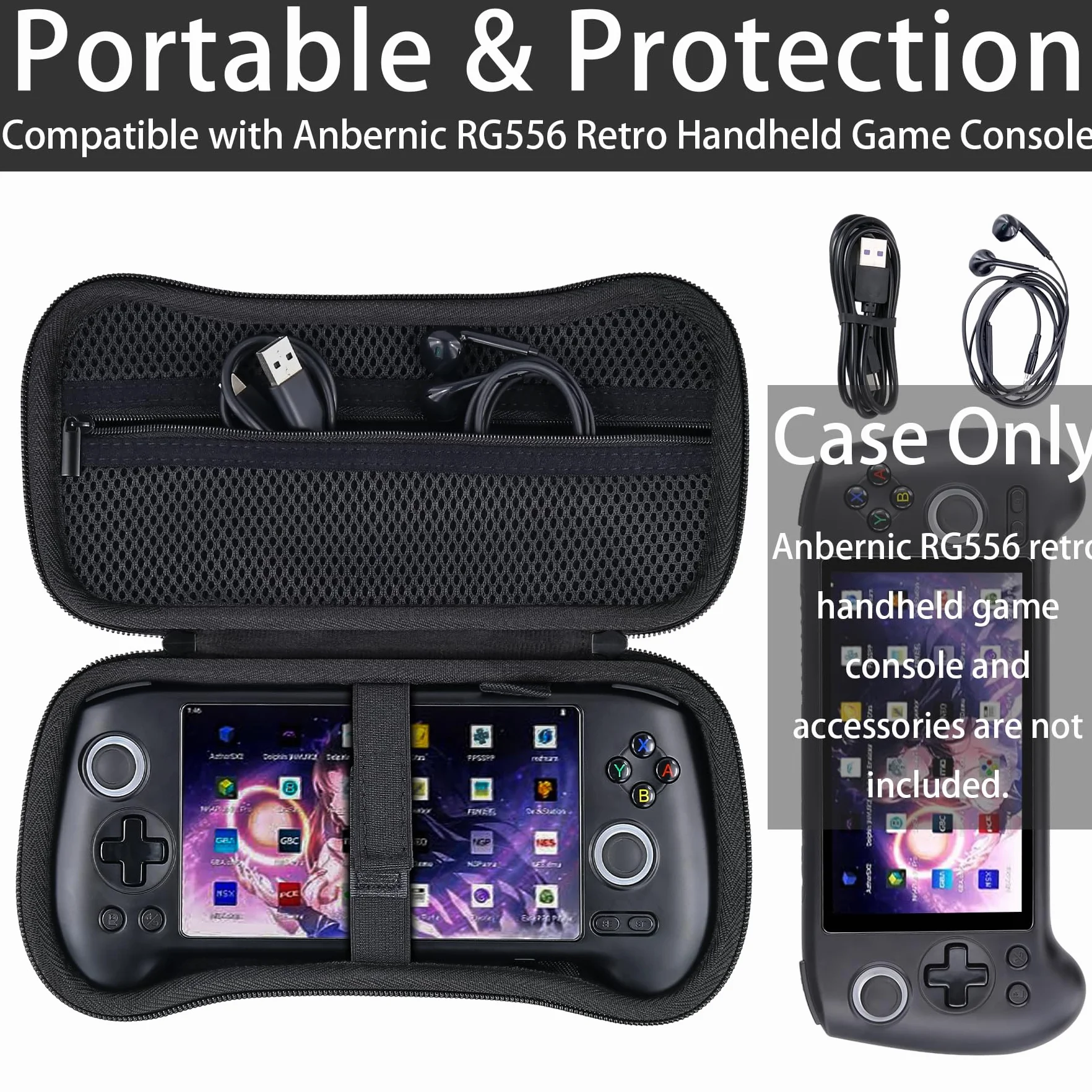 Khanka Twarde etui na przenośną konsolę do gier Anbernic RG556 Retro, torba do przechowywania na RG556 14.2 cm, ręczna konsola do gier z systemem Android, tylko obudowa (czarna)