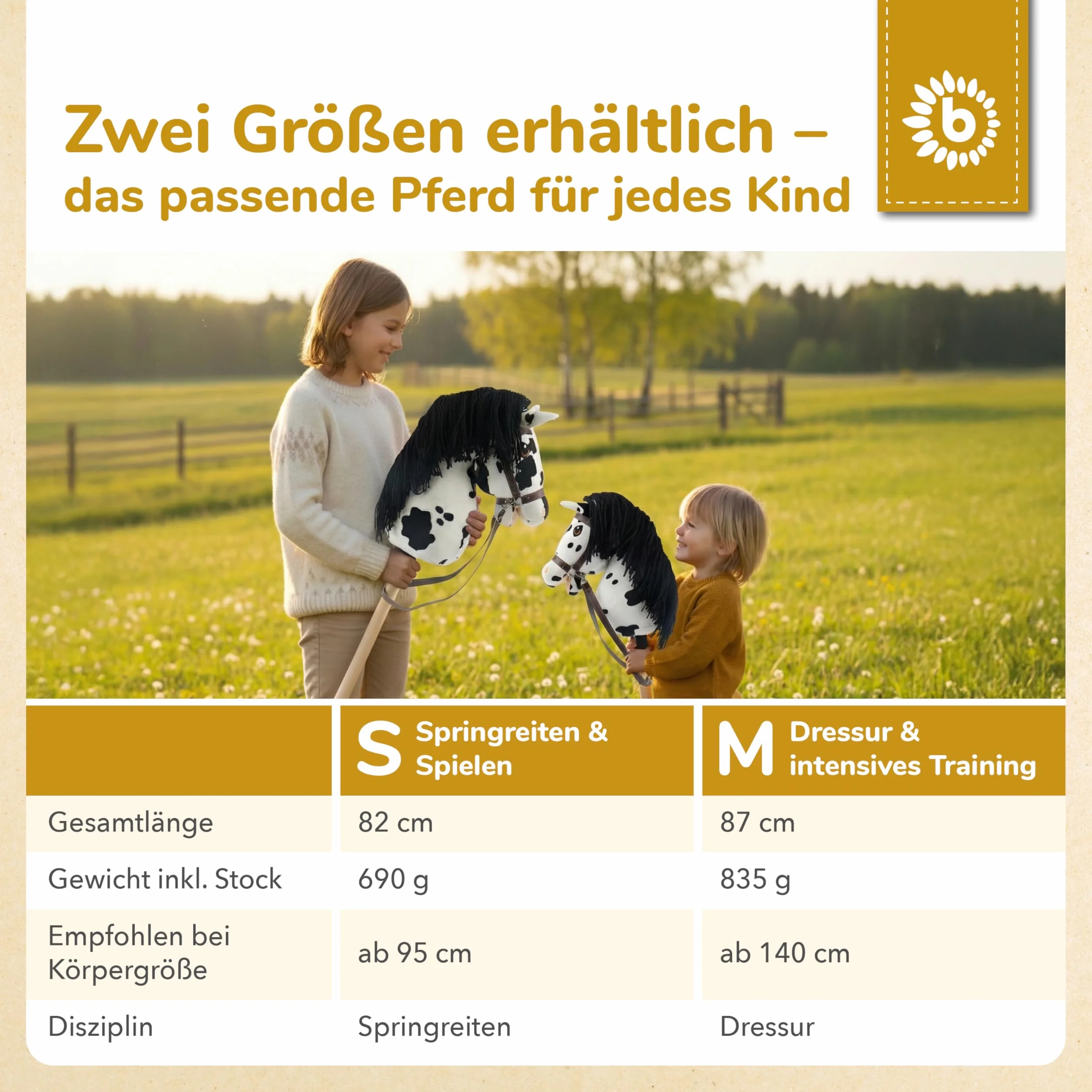 Bieco Hobby Horse konik na kijku, rozmiar M, z wyciągami, zdejmowany kij i ogon, do jazdy konnej, ujeżdżania i gier, hobby