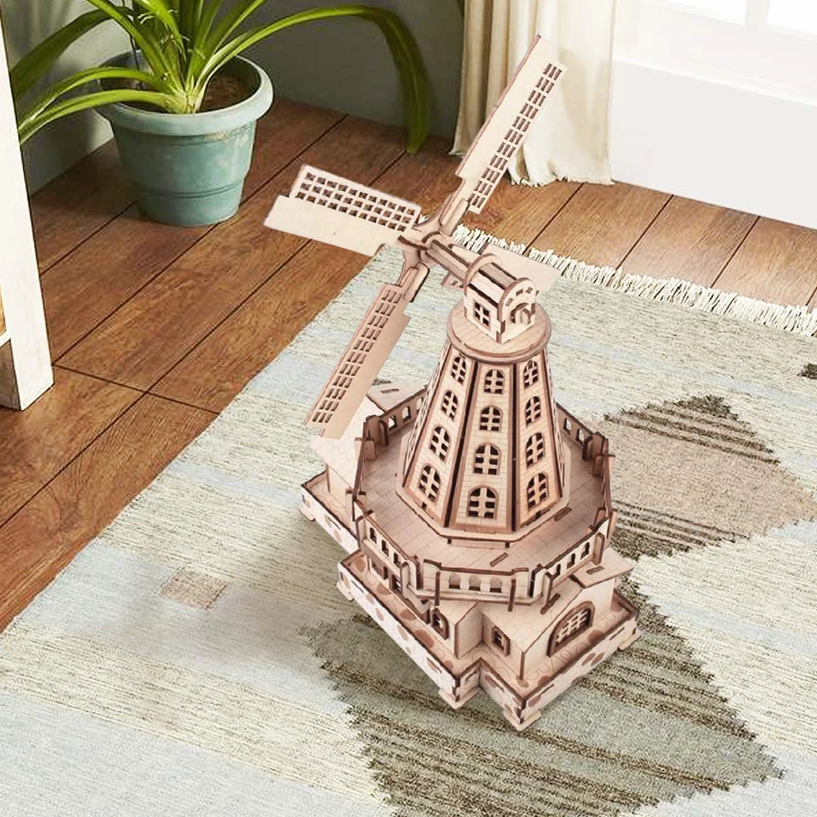 GuDoQi Drewniane puzzle 3D, wiatrak, drewniane puzzle, zestaw do samodzielnego montażu, rękodzieło artystyczne, modelarstwo, drewniany model budynku, prezent dla nastolatków i dorosłych, na urlop i
