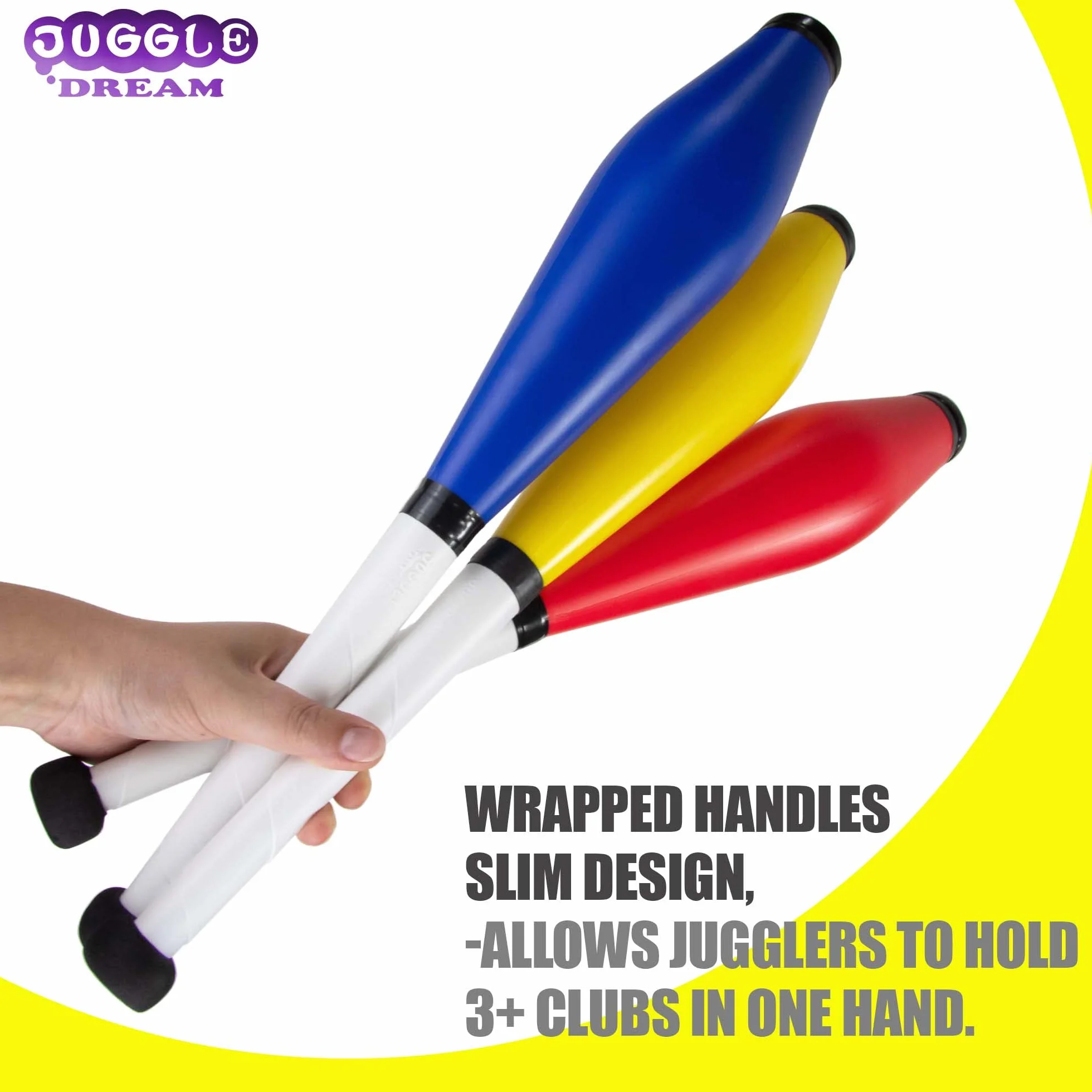 Juggle Dream Trainer Street żonglowania klubów, zestaw 3 wspaniałych klubów treningowych - zestaw żonglerski dla początkujących i zaawansowanych żonglerów (czerwony, niebieski, żółty)