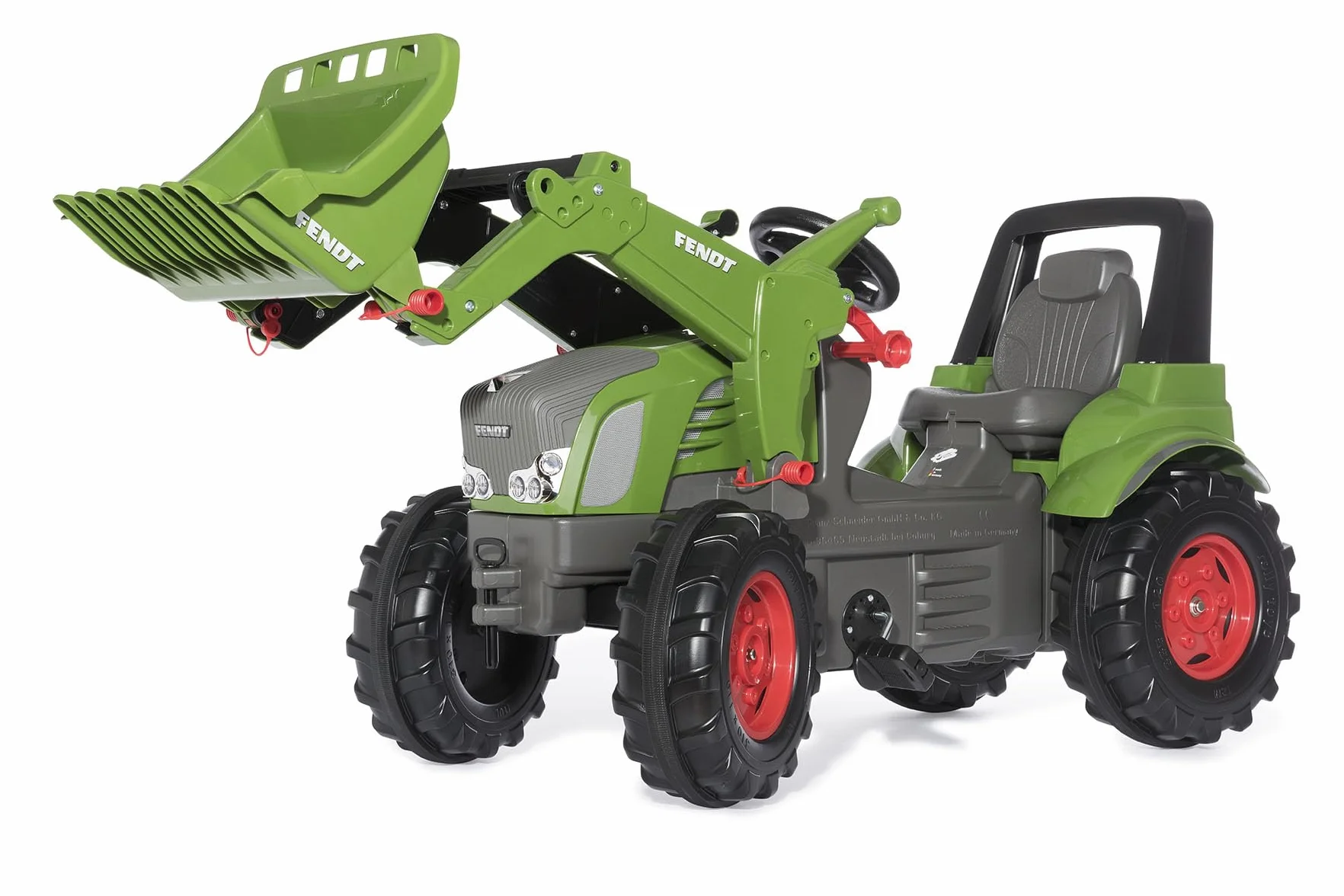 Rolly Toys Traktor na pedały RollyFarmtrac Premium Fendt Vario 939 z ładowaniem czołowym RollyTrac (pojazd pedałowy dla dzieci od 3 lat, z oponami do jazdy szeptami) 710263, zielony/szary
