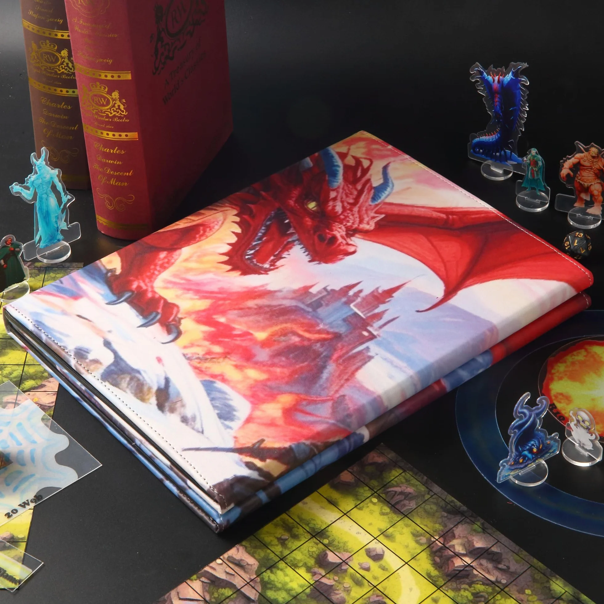 DND 5e Ekran DM 8 Panele z imitacji skóry Deluxe 2 zawieszone kieszenie do wymazywania na mokro i cheat sheet dla Mistrza Lodów Dungeons and Dragons Akcesoria do terenu GM Mapa TTRPG Prezent dla