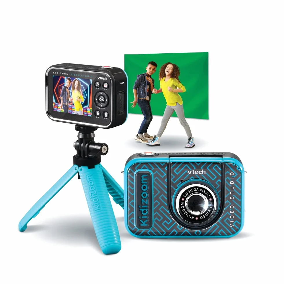 VTech - KidiZoom Video Studio HD, aparat cyfrowy dla dzieci, fotografia, selfie, wideo HD, kolorowy ekran ze statywem i zielonym tłem, prezent dla dzieci w wieku od 5 lat do 12 lat - Zawartość w