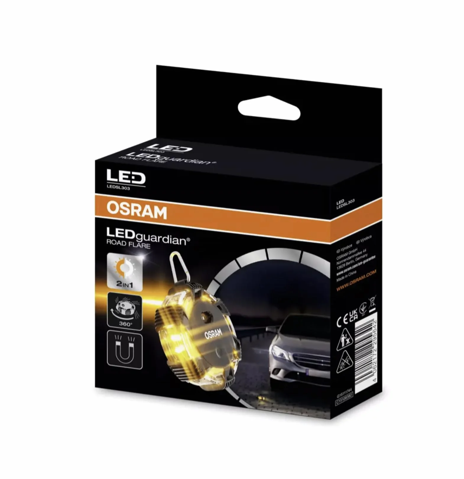 OSRAM LEDguardian ROAD FLARE, LEDSL303, kompaktowa magnetyczna lampka ostrzegawcza LED, 16 trwałych diod LED,stosowana w sytuacjach awaryjnych na drodze i przy drobnych pracach kontrolnych w pojeździe