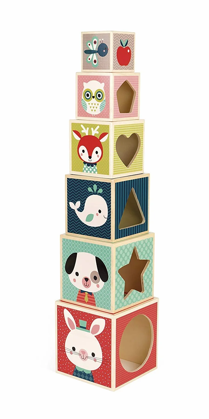 Janod - Baby Forest 6-Cube Wooden Pyramid - Early Learning Toy - Stacking and Building Toy - Fine Motor Skills and Manipulation - from 1 Year Old, J08016