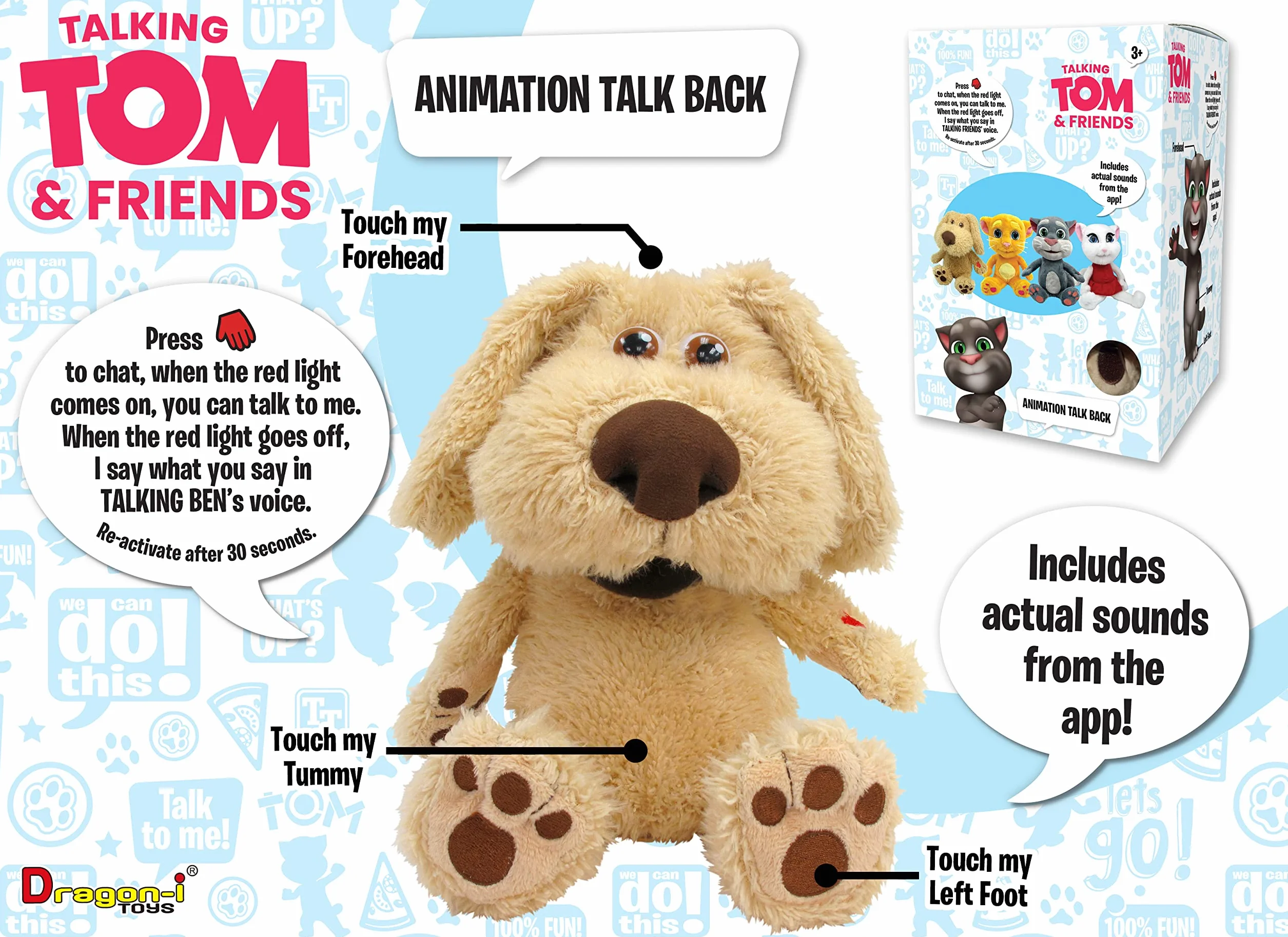 Official Talking Tom And Friends - Talking Ben 30 cm uroczy plusz z interaktywnym rozmową powtórzeniem głosu i dźwięków, wypchane zwierzę, pluszowa zabawka dla dzieci