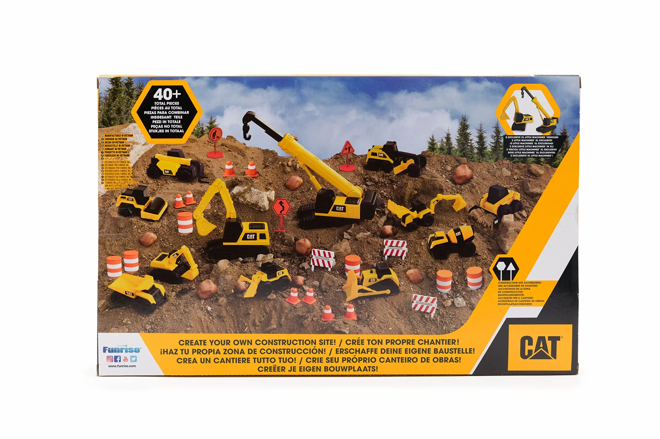 CAT® Construction Little Machines Mega zestaw I z 40 częściami zawiera pojazdy, dźwig, znaki drogowe, stożki, głazy i beczki I Dla dzieci w wieku 3+, żółty