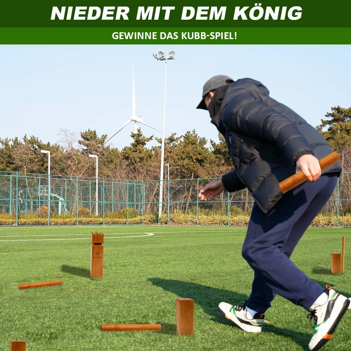SunNordic Kubb rzucania Wikingów, szwedzka szachowa z wysokiej jakości drewna gumowego, w zestawie torba z płótna żaglowego i instrukcja gry – wytrzymała gra na podwórku dla dzieci i dorosłych