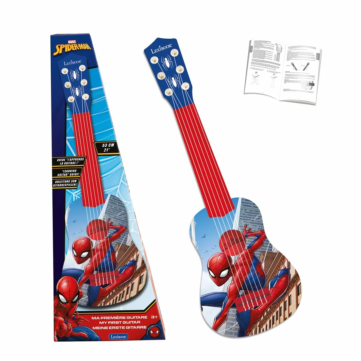 LEXIBOOK K200SP Marvel Spider-Man Peter Parker My First Guitar, 6 strun nylonowych, 53 cm, przewodnik edukacyjny w zestawie, niebieski/czerwony