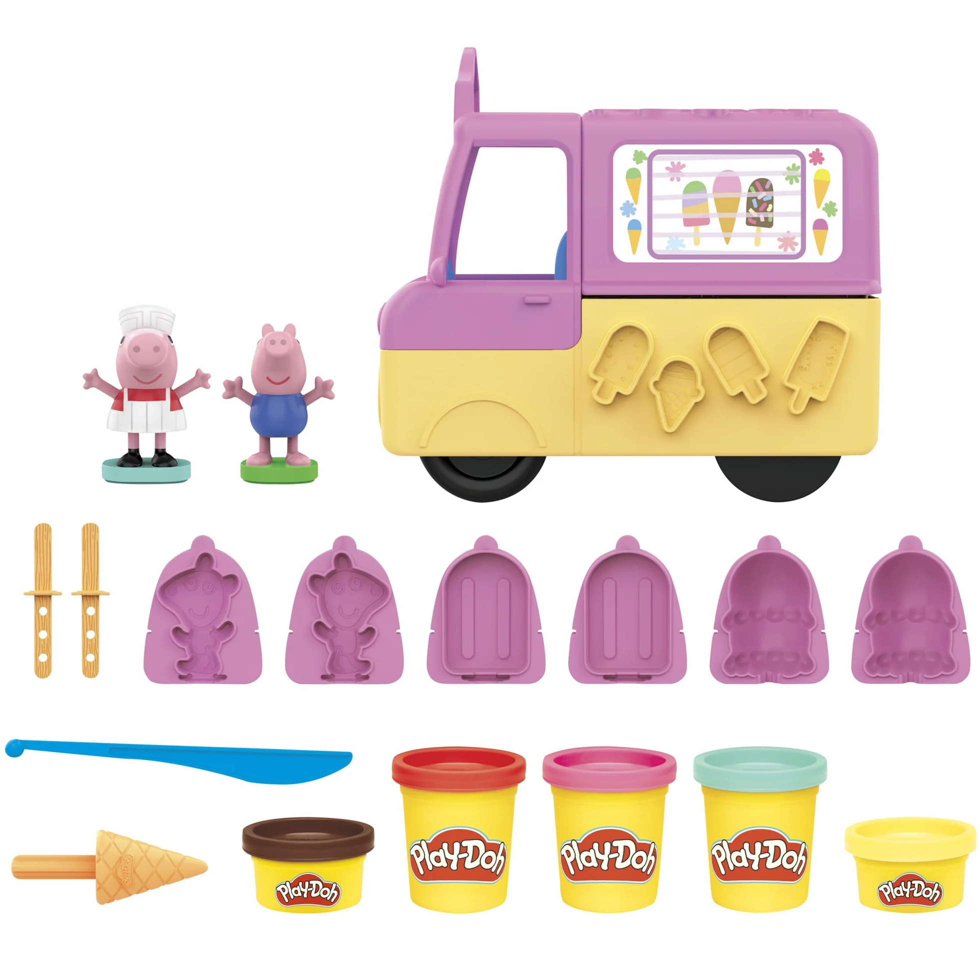 Play-Doh Zestaw do zabawy z lodami, Świnką Peppą i ciastoliną Play-Doh, furgonetka z lodami, figurki Peppy i George'a oraz 5 pojemników z ciastoliną