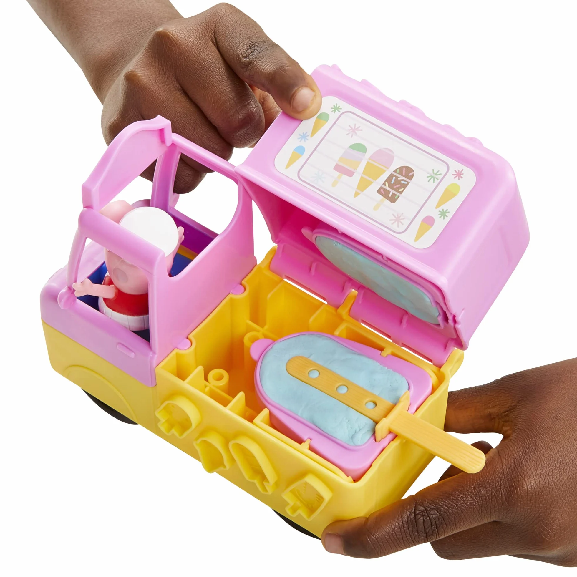 Play-Doh Zestaw do zabawy z lodami, Świnką Peppą i ciastoliną Play-Doh, furgonetka z lodami, figurki Peppy i George'a oraz 5 pojemników z ciastoliną