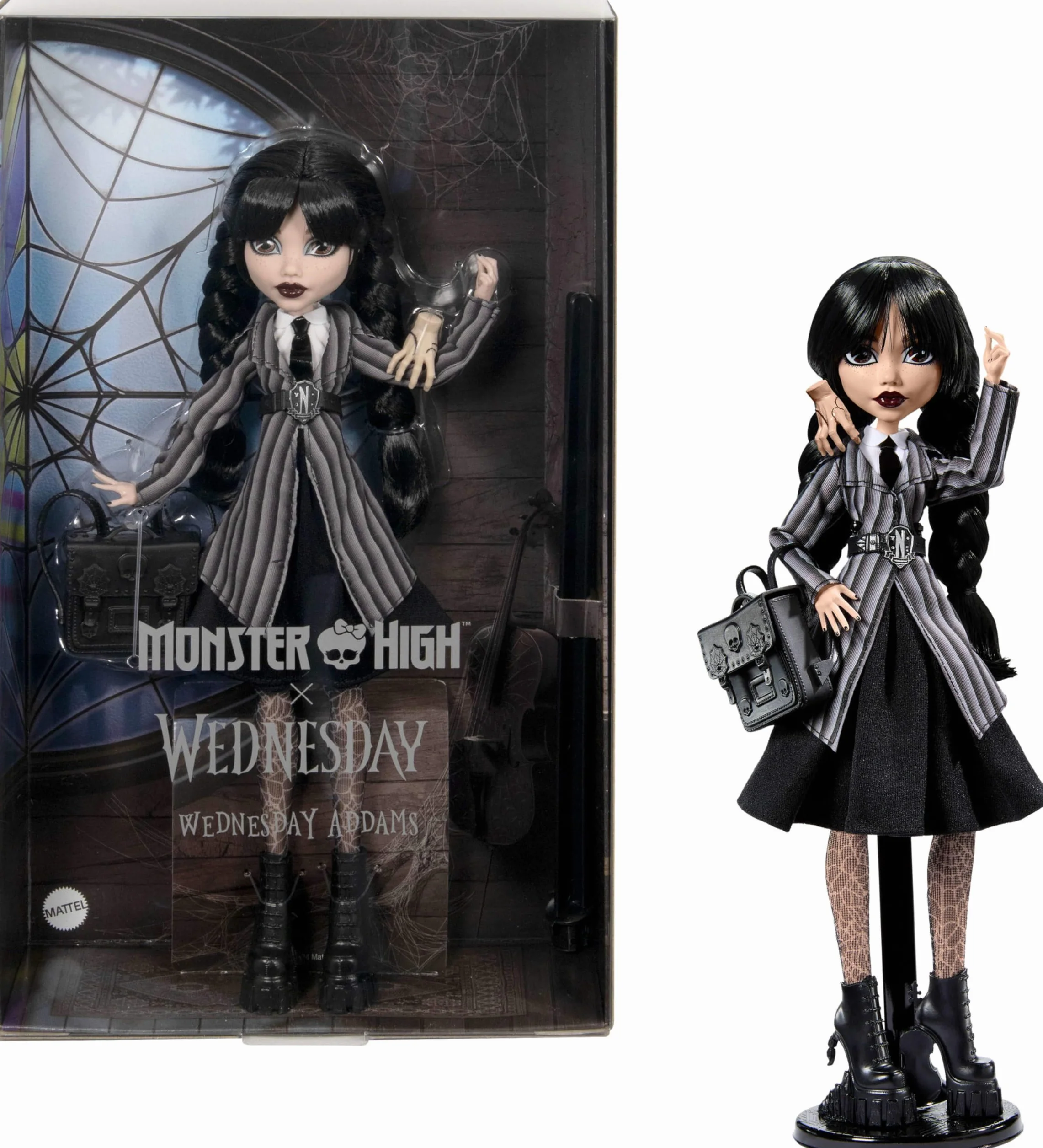 Monster High Wednesday Addams Lalka kolekcjonerska w szkolnym mundurku Akademii Nevermore z figurką Rączki, plecakiem, akcesoriami i podstawką dla lalki, HXJ04