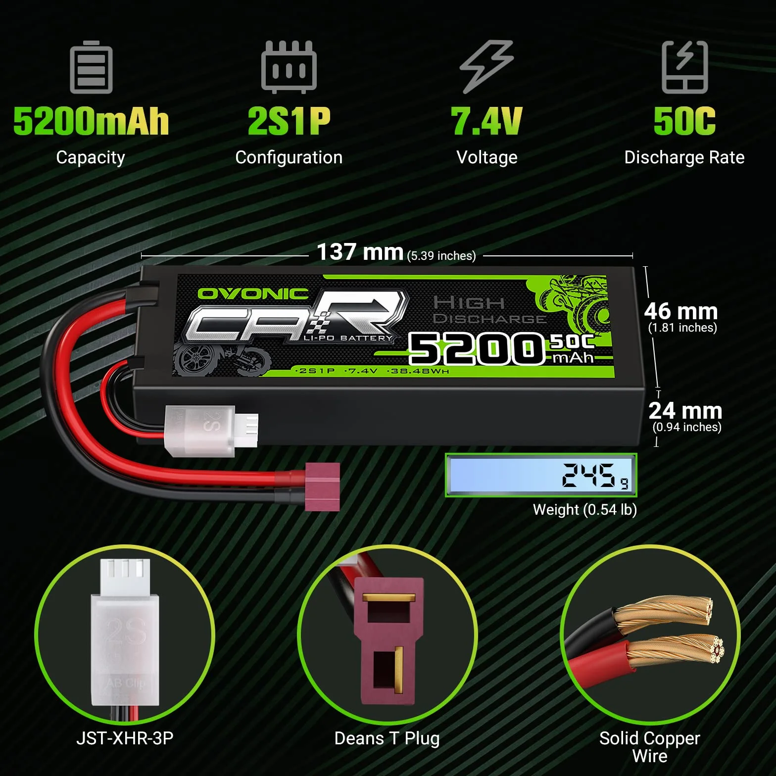 OVONIC Lipo 2s akumulator 7,4 V 50C 5200 mAh z wtyczką T Deans Style do RC Car Truck (2 szt.)