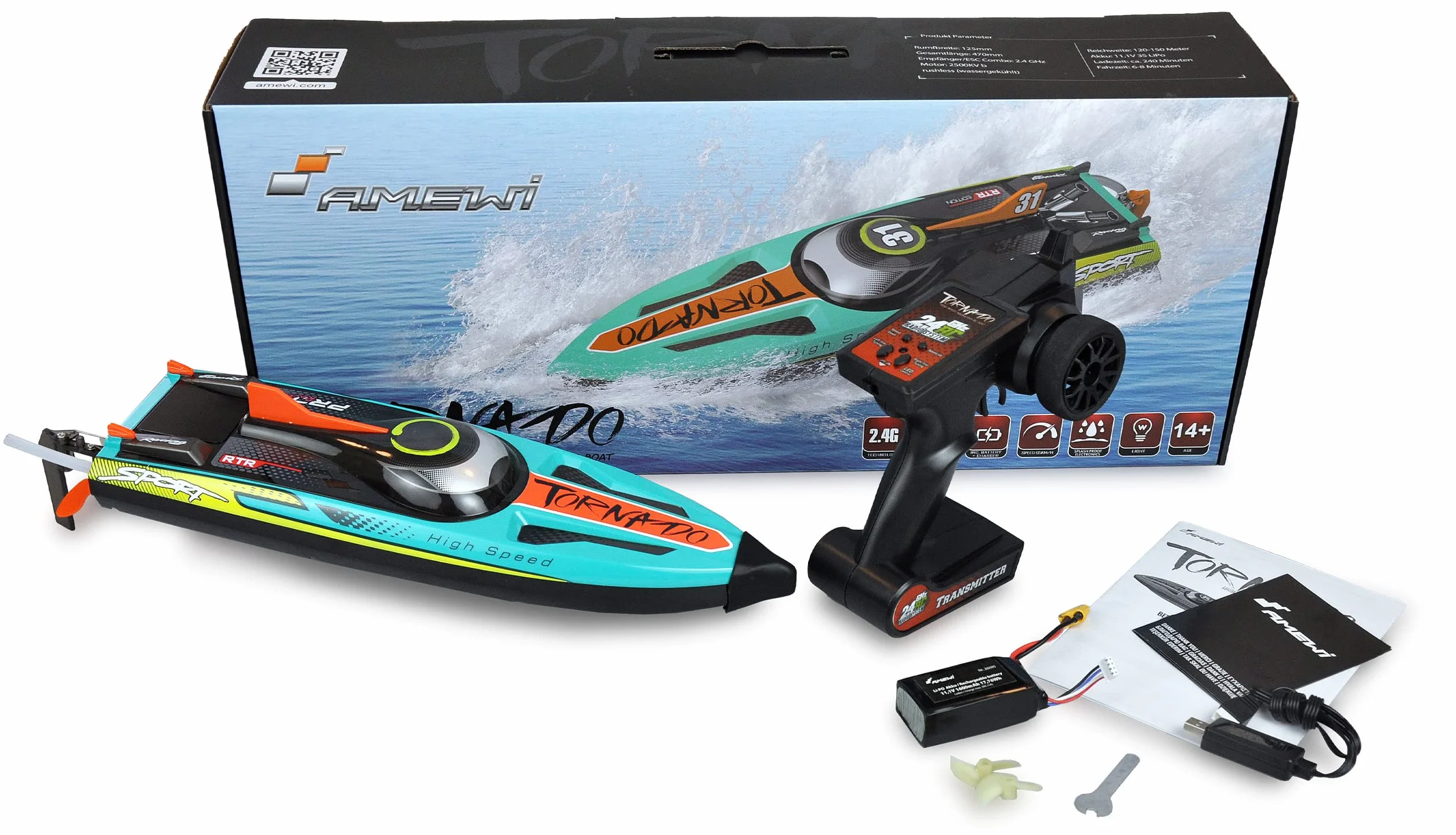 Amewi 26095 Tornado High Speed Boot Brushless 450 mm 65 km/h 2,4 GHz RTR, kolorowy