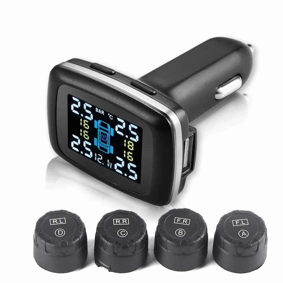 Terisass TPMS DC 12V samochód 433,92 MHz System monitorowania ciśnienia w oponach Wyświetlacz zapalniczki z 4 szt.Zestaw uniwersalnych czujników zewnętrznych C-100