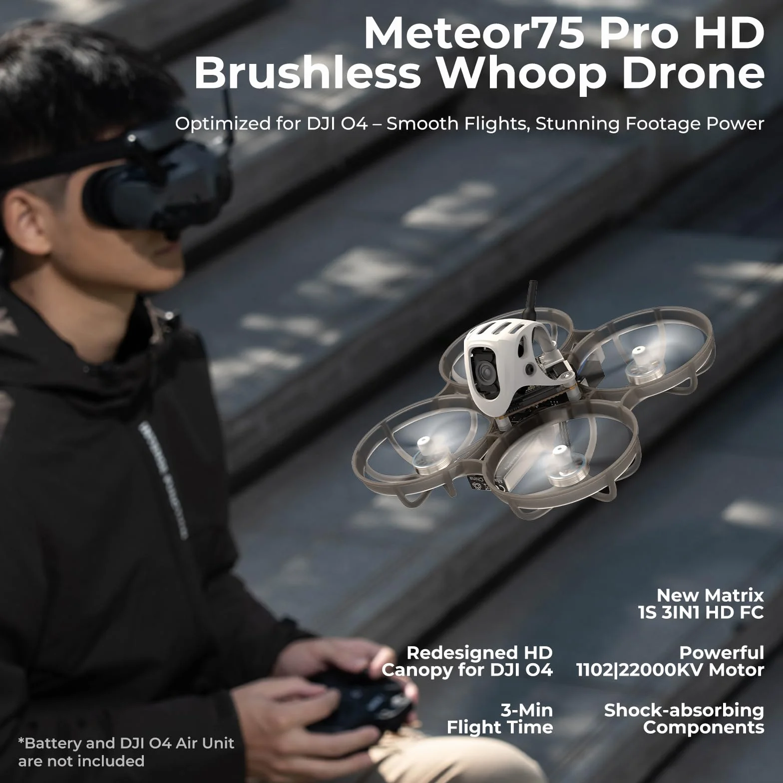 BETAFPV Meteor75 Pro bezszczotkowy Quadrocopter z matrix 1S 3 w 1 HD FC, silnik 1102 22000 KV, 45 mm, 3-łopatkowy props kompatybilny z O4 Air Unit dla filmowców FPV, entuzjastów, lotów wewnątrz i na