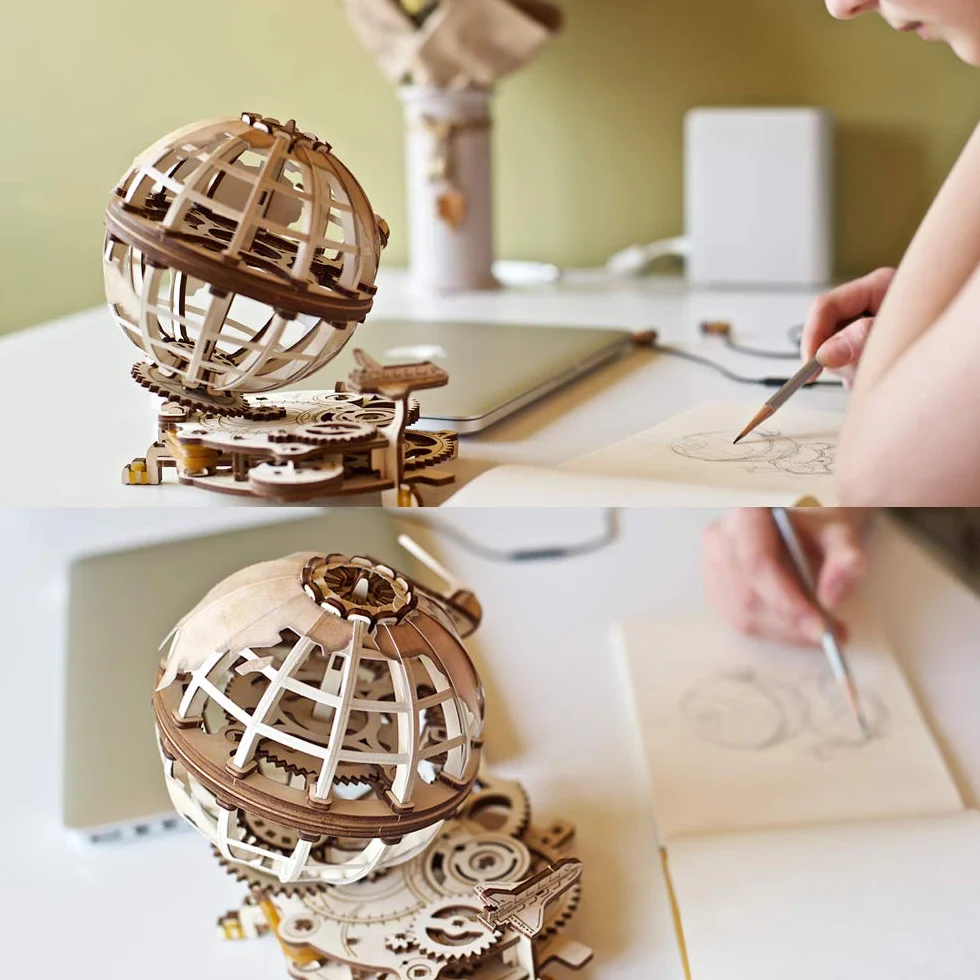 UGEARS Puzzle 3D z drewna, prezent na Dzień Ojca, obracający się drewniany zestaw do budowy – mechaniczny globus z promem i sputnikiem – samodzielnie montowane drewniane zestawy modelarskie dla