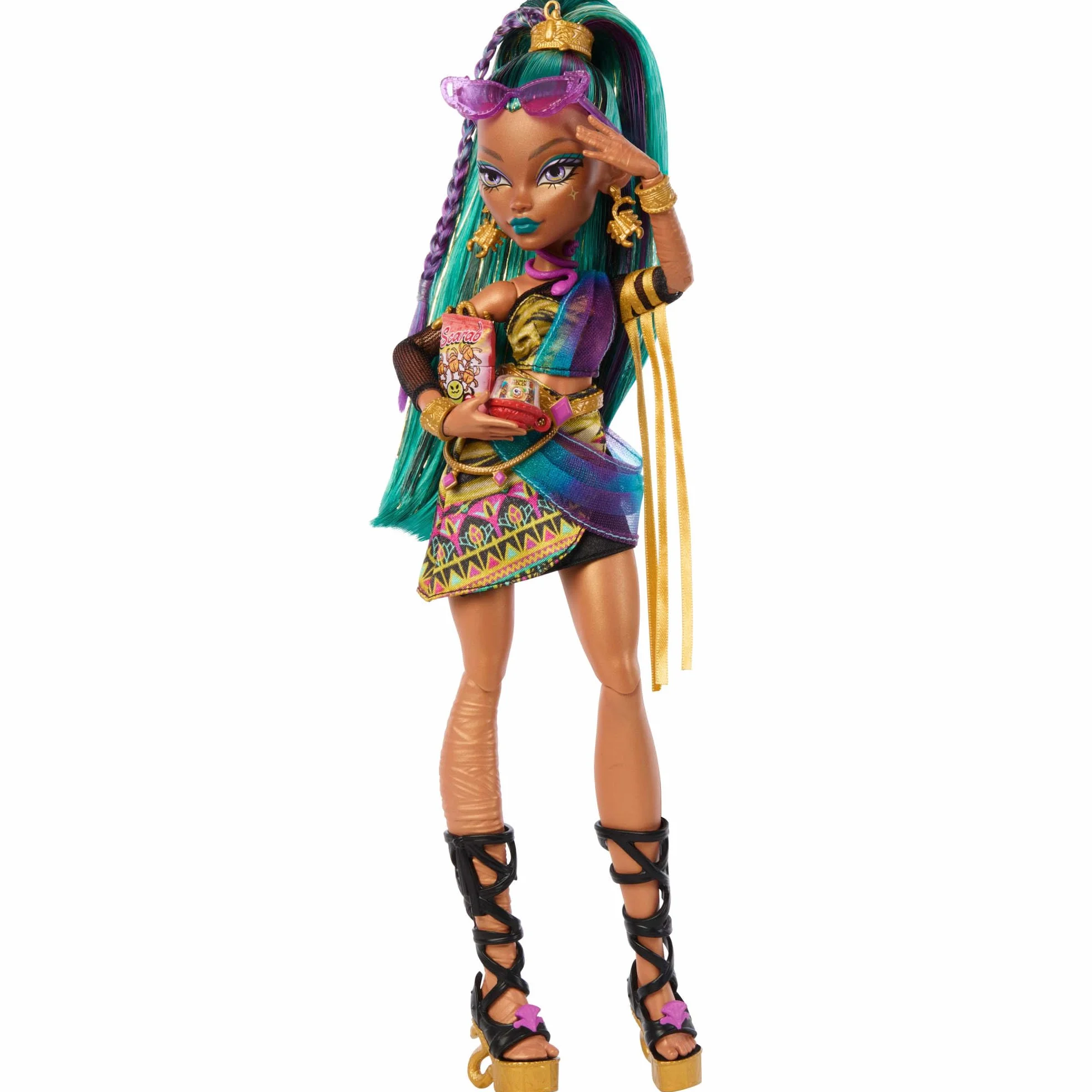 Monster High Nefera de Nile Lalka podstawowa, królewska mumia w sukience + skarabeusz Lavish i 7 akcesoriów, w tym torebka, „laptop”, okulary przeciwsłoneczne, zabawka dla dzieci 4+, JDR48