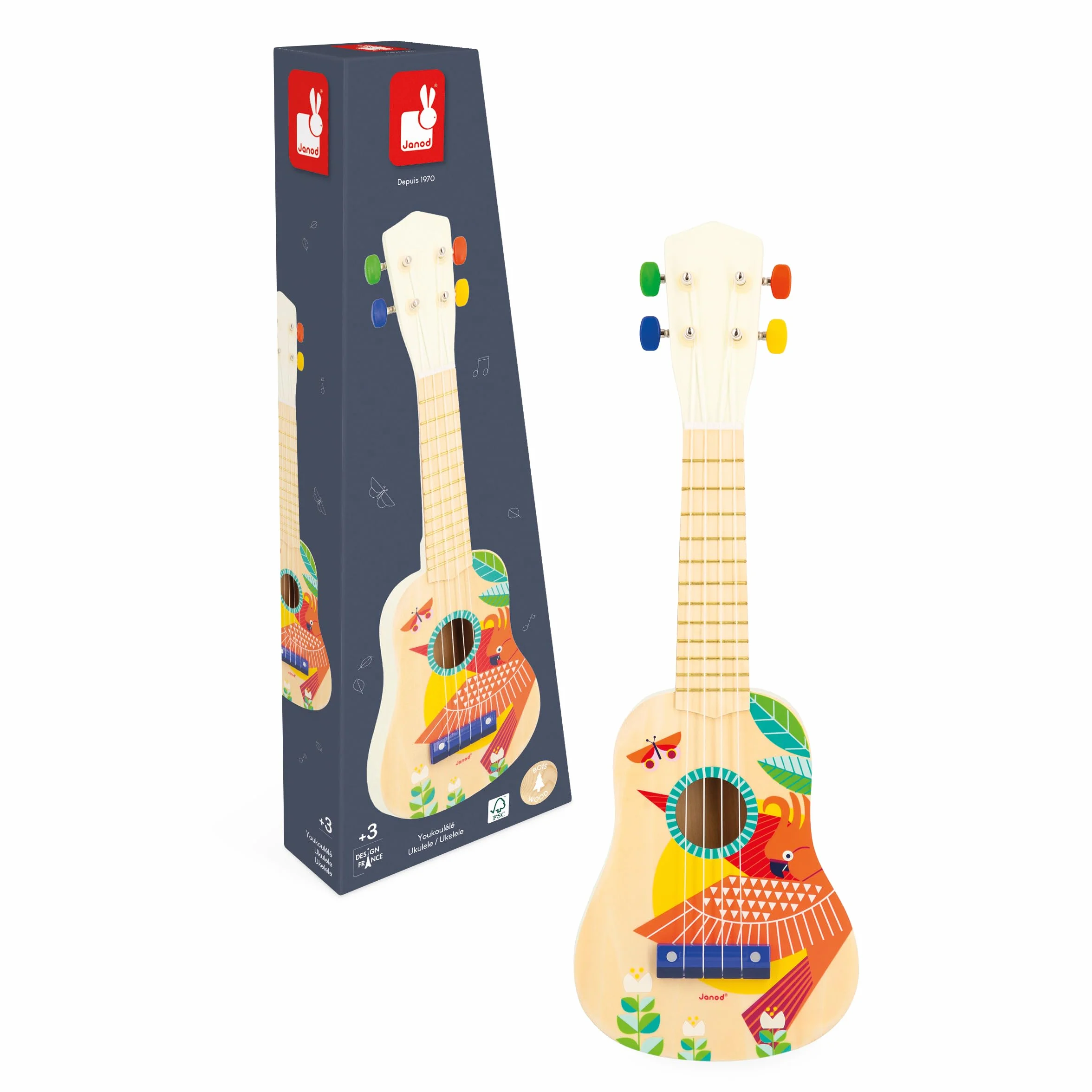 Janod Drewniane Ukulele Gioia-Instrument Dzieci-Sztuczna zabawka i zachęta muzyczna-malowanie wodne 3 lata, J07652, Multicolor (JURATOYS