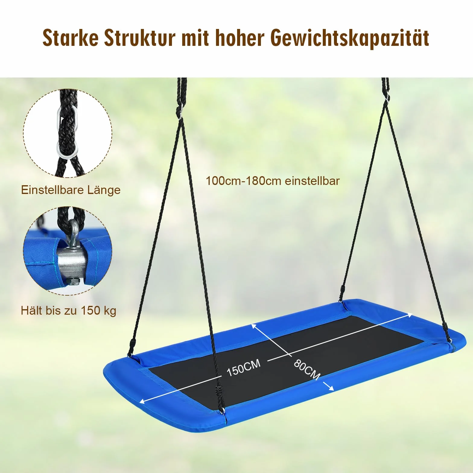 COSTWAY Huśtawka gniazdowa kwadratowa, obciążenie do 150 kg, 150 x 80 cm, huśtawka ogrodowa z regulowaną liną 100-180 cm, huśtawka dla dzieci, do użytku na zewnątrz, dla dzieci i dorosłych (niebieska)