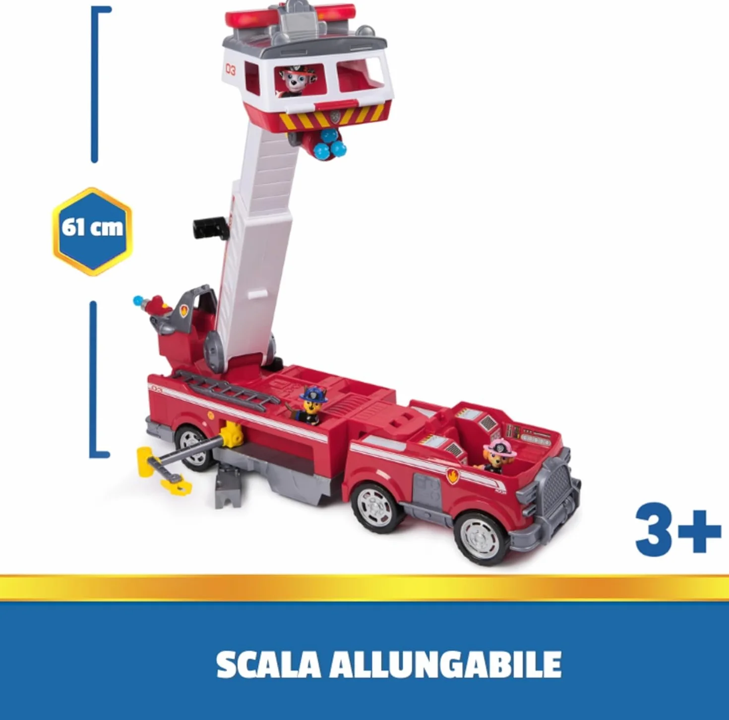 Paw Patrol, Wózek strażacki Marshalla, z wysuwaną skalą 61 cm, światłami i dźwiękami, mini pojazd, w zestawie postacie Chase, Marshall i Skye, zabawki dla chłopców i dziewczynek, 3+ lat
