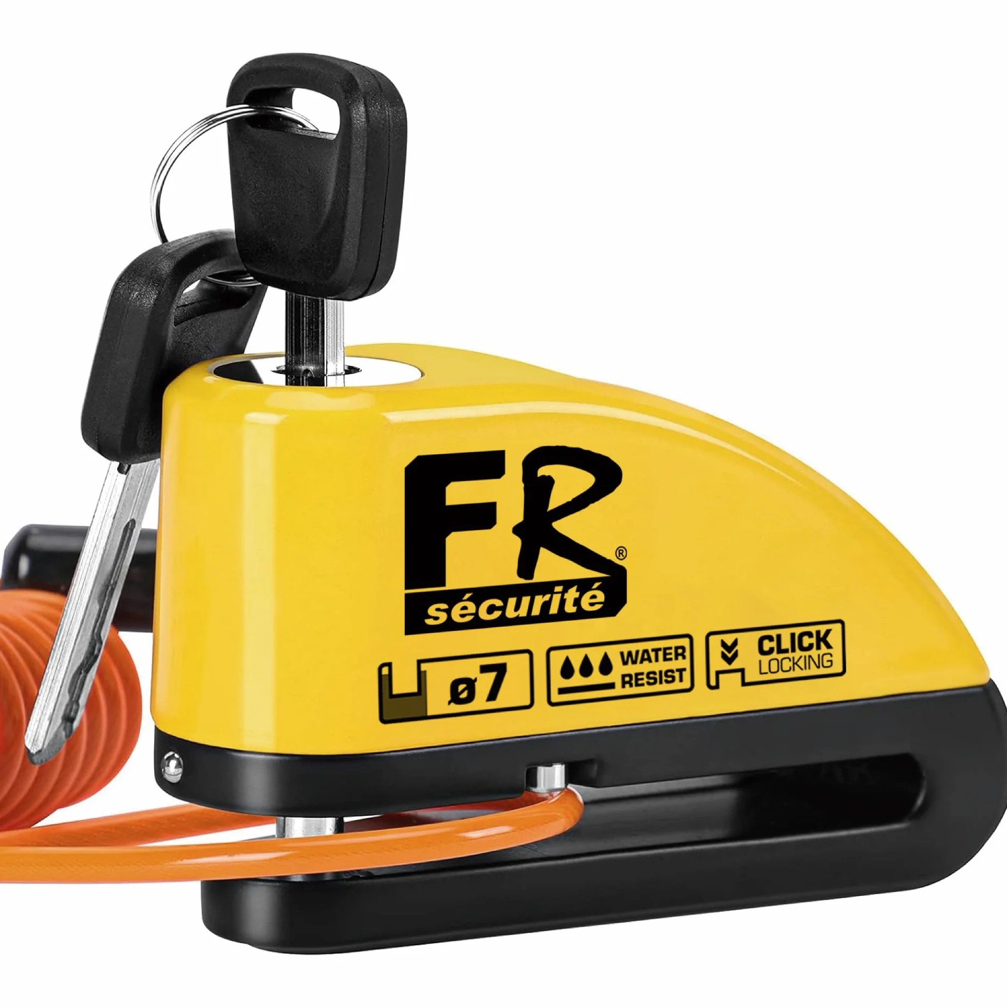 FR SECURITE FR7Y Kłódka antykradzieżowa Motocykl Disc Alarm 110dB, Wodoodporny, Wzmocniony Uniwersalna blokada hamulca, Motocykle, Skutery, Rowery elektryczne, Kabel przypominający, 2 klucze, Torba