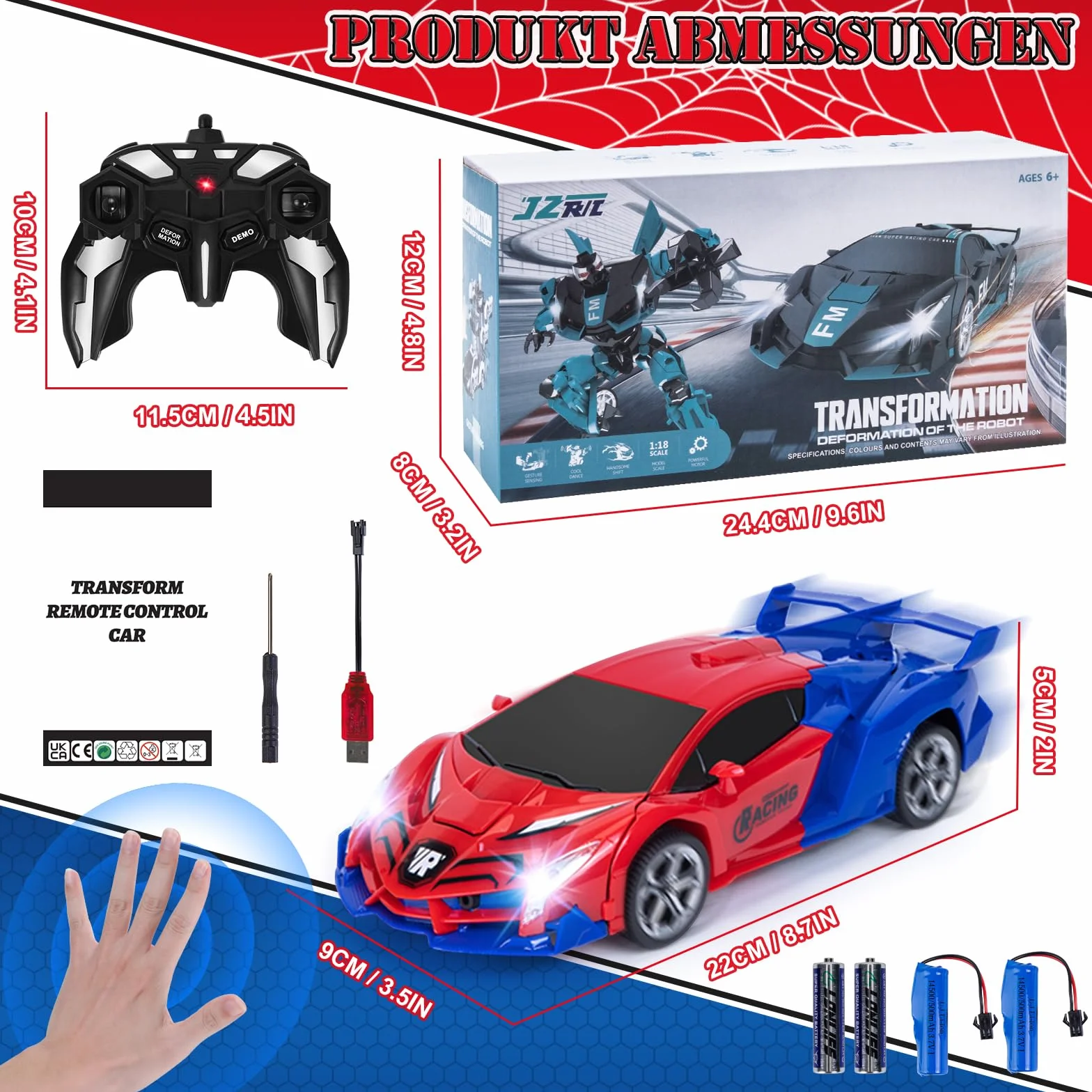Transformator, zdalnie sterowany samochód zabawka dla dzieci 3-12, 2,4 GHz, rozpoznawanie gestów Spider RC, robot transformowany z akumulatorem, prezent urodzinowy dla chłopców i dziewczynek 4